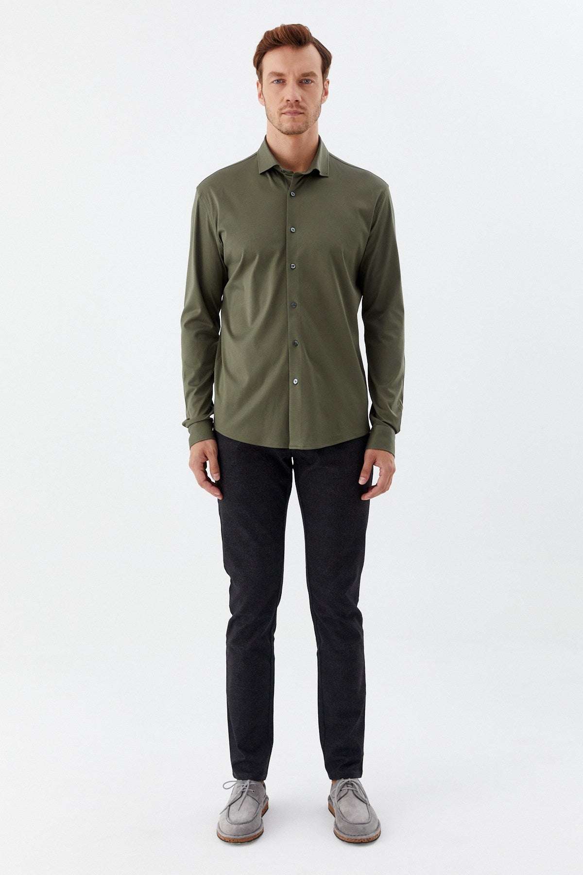 Haki %100 Pamuk Slim Fit Klasik Yaka Uzun Kollu Gömlek