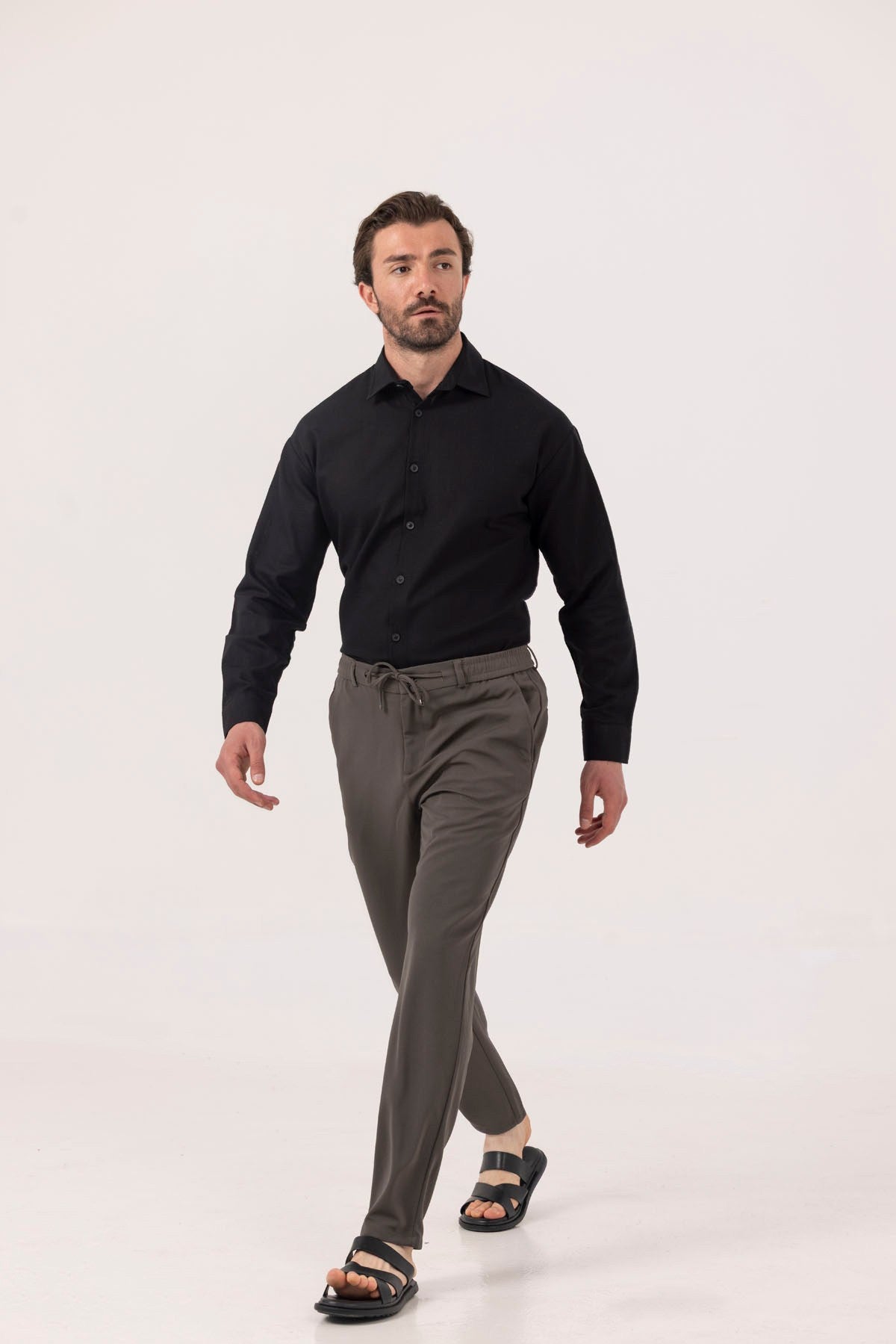 Haki Dokulu Arka Lastikli Köprü Kemerli Bağcıklı Slim Fit Jogger Pantolon