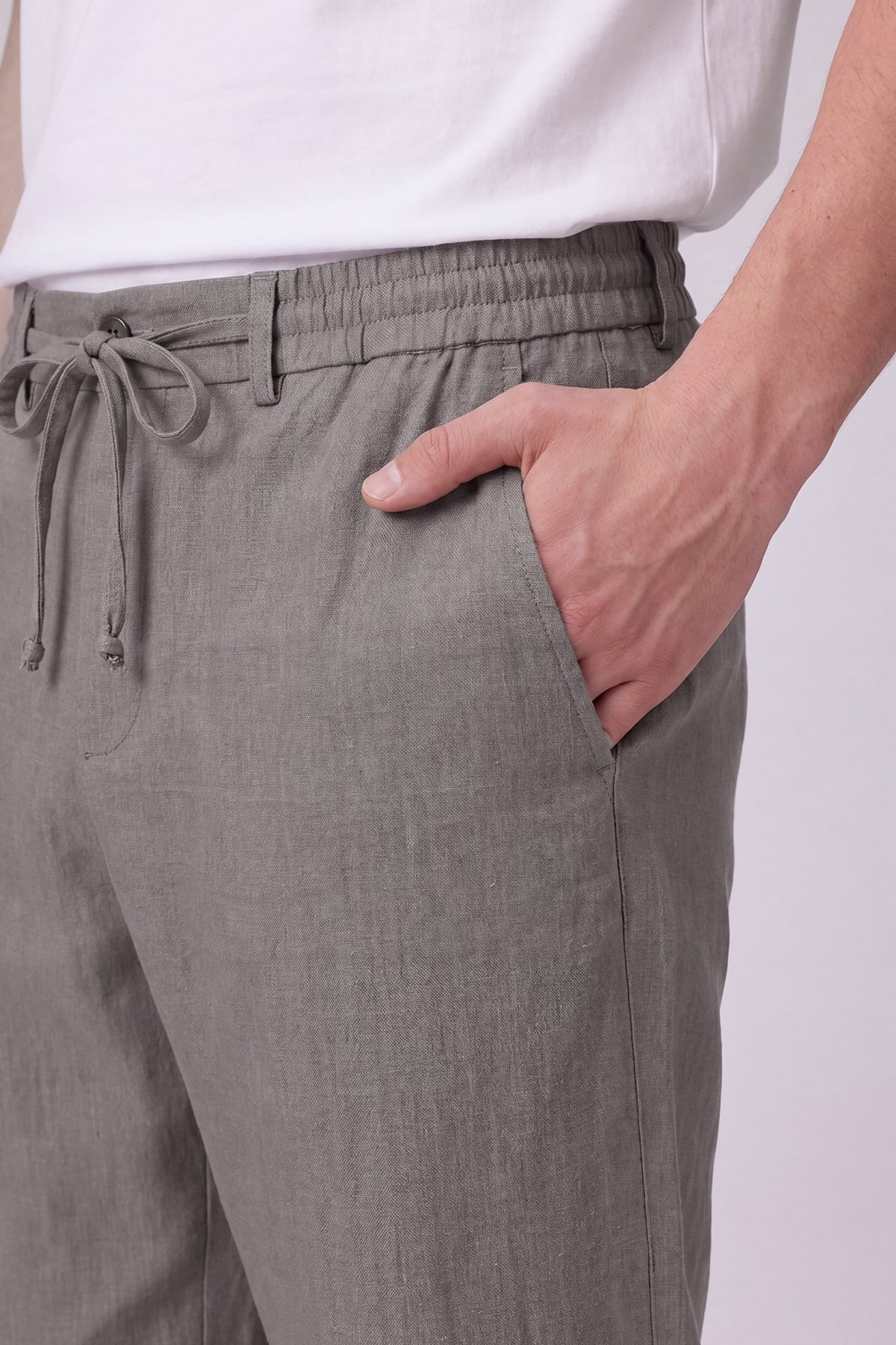 Haki Keten Görünümlü Arka Lastikli Köprü Kemerli Bağcıklı Jogger Pantolon