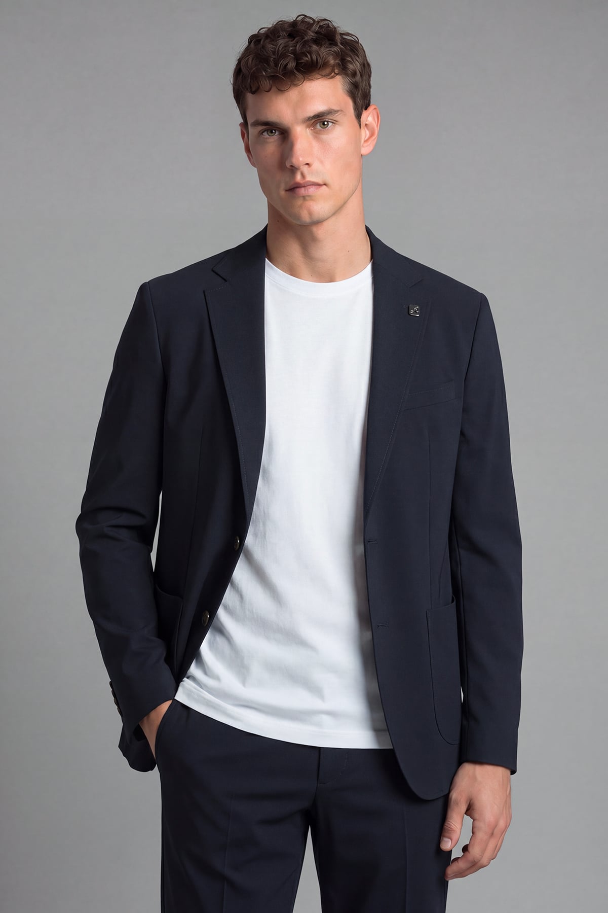 Lacivert Regular Fit 6 Drop Mono Yaka Pamuklu Astarsız Takım Elbise