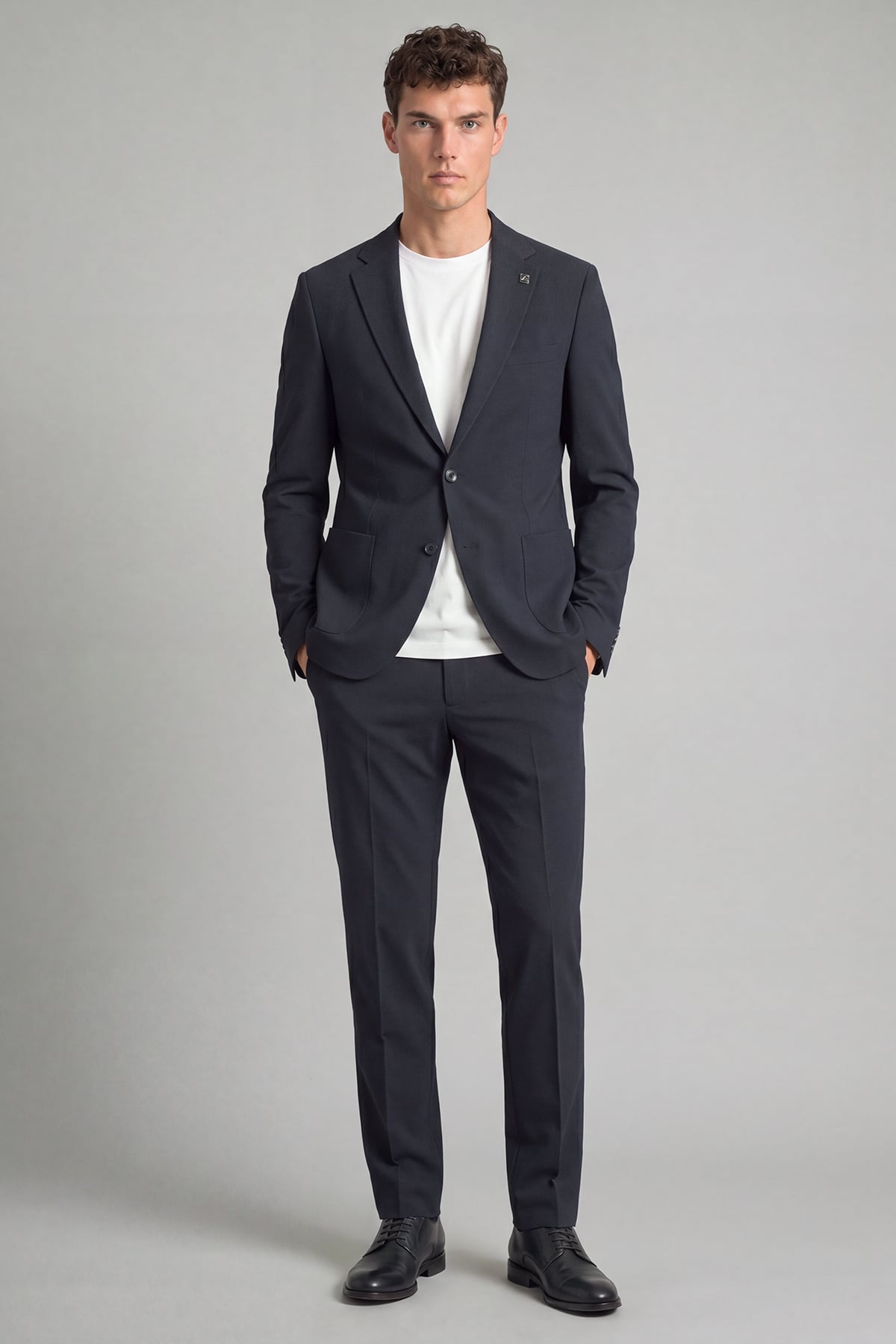 Lacivert Regular Fit 6 Drop Mono Yaka Pamuklu Astarsız Takım Elbise
