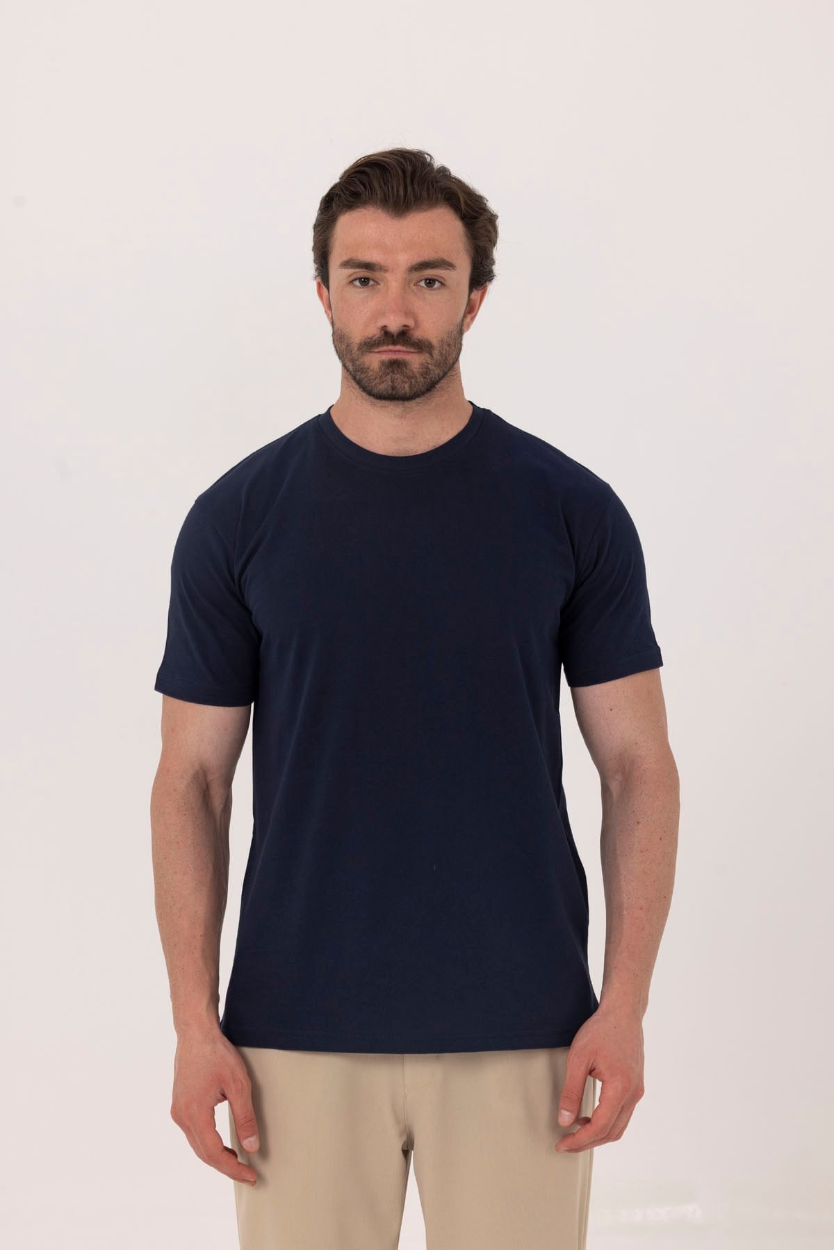 Lacivert %100 Pamuk Bisiklet Yaka Düz Renk Basic T-Shirt