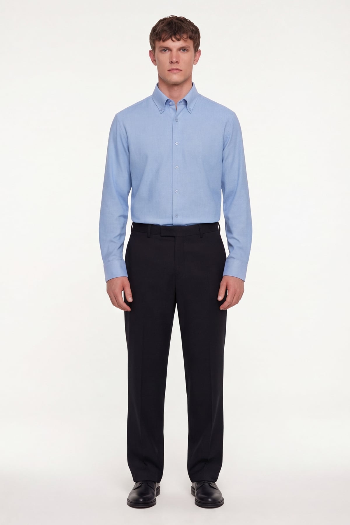 Erkek Mavi Dar Kesim Slim Fit Pamuklu Düz Örme Uzun Kollu Düğmeli Yaka Gömlek