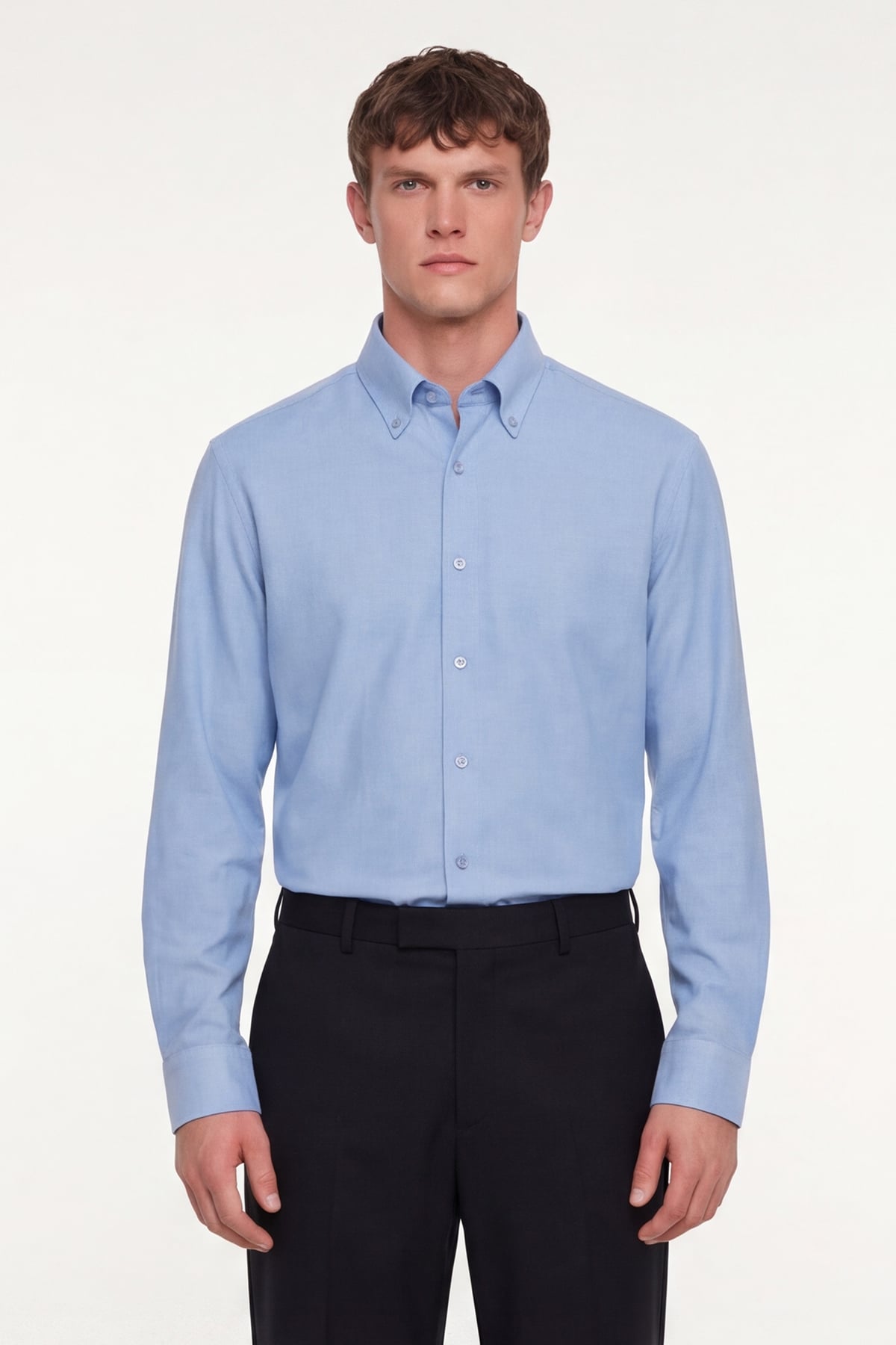 Erkek Mavi Dar Kesim Slim Fit Pamuklu Düz Örme Uzun Kollu Düğmeli Yaka Gömlek