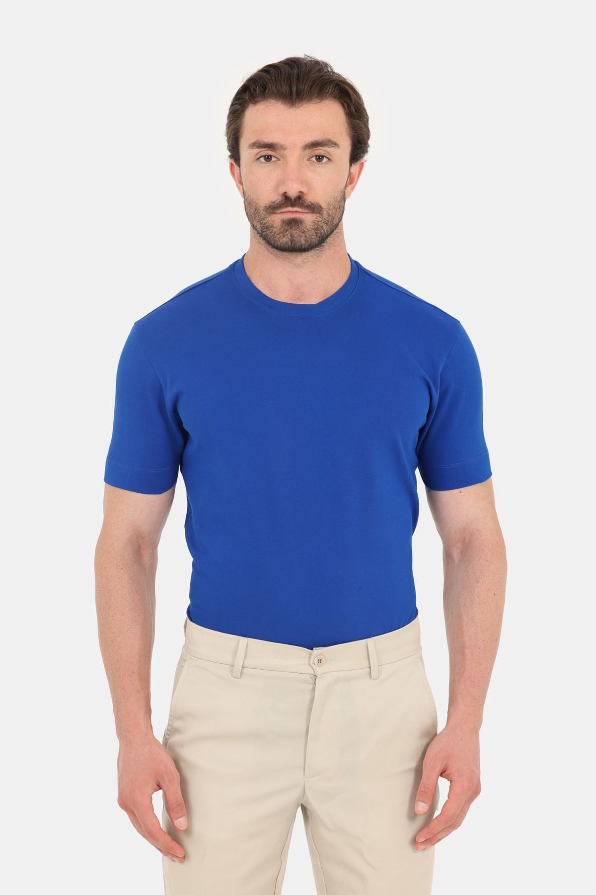 Saks Mavi %100 Pamuk Regular Fit Dokuma Bisiklet Yaka Basic T-Shirt