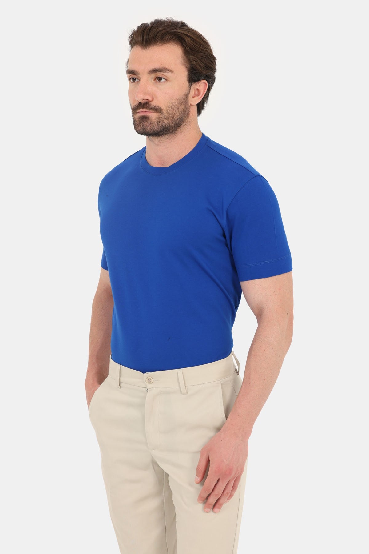 Saks Mavi %100 Pamuk Regular Fit Dokuma Bisiklet Yaka Basic T-Shirt