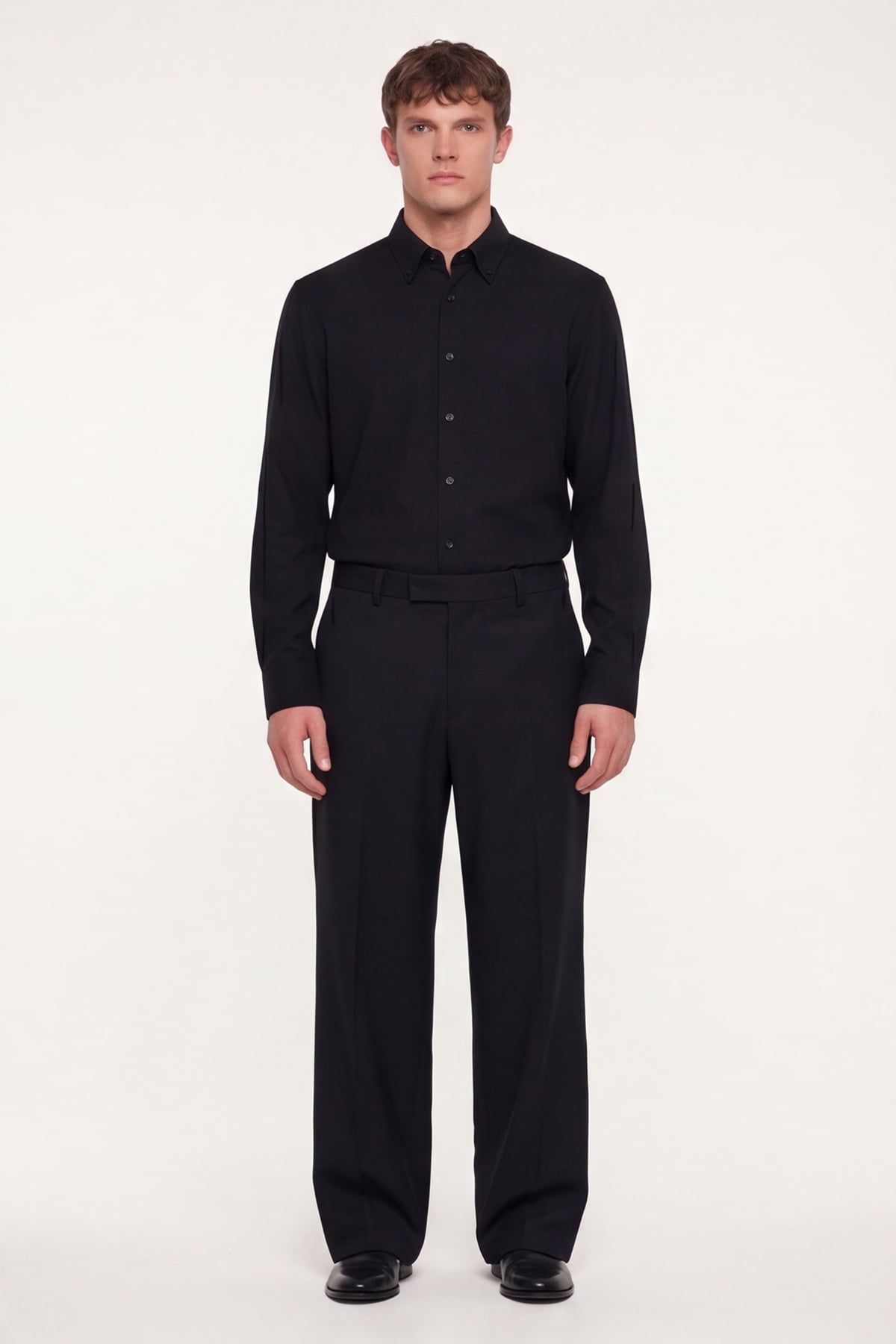 Erkek Siyah Dar Kesim Slim Fit Pamuklu Düz Örme Uzun Kollu Düğmeli Yaka Gömlek