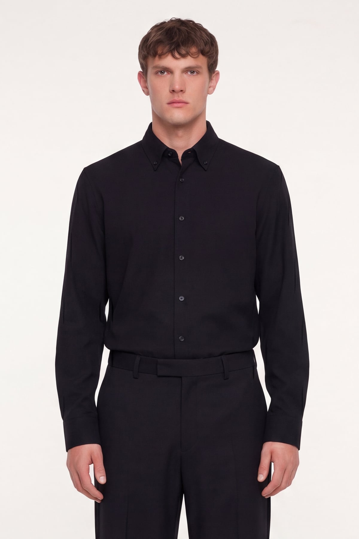 Erkek Siyah Dar Kesim Slim Fit Pamuklu Düz Örme Uzun Kollu Düğmeli Yaka Gömlek