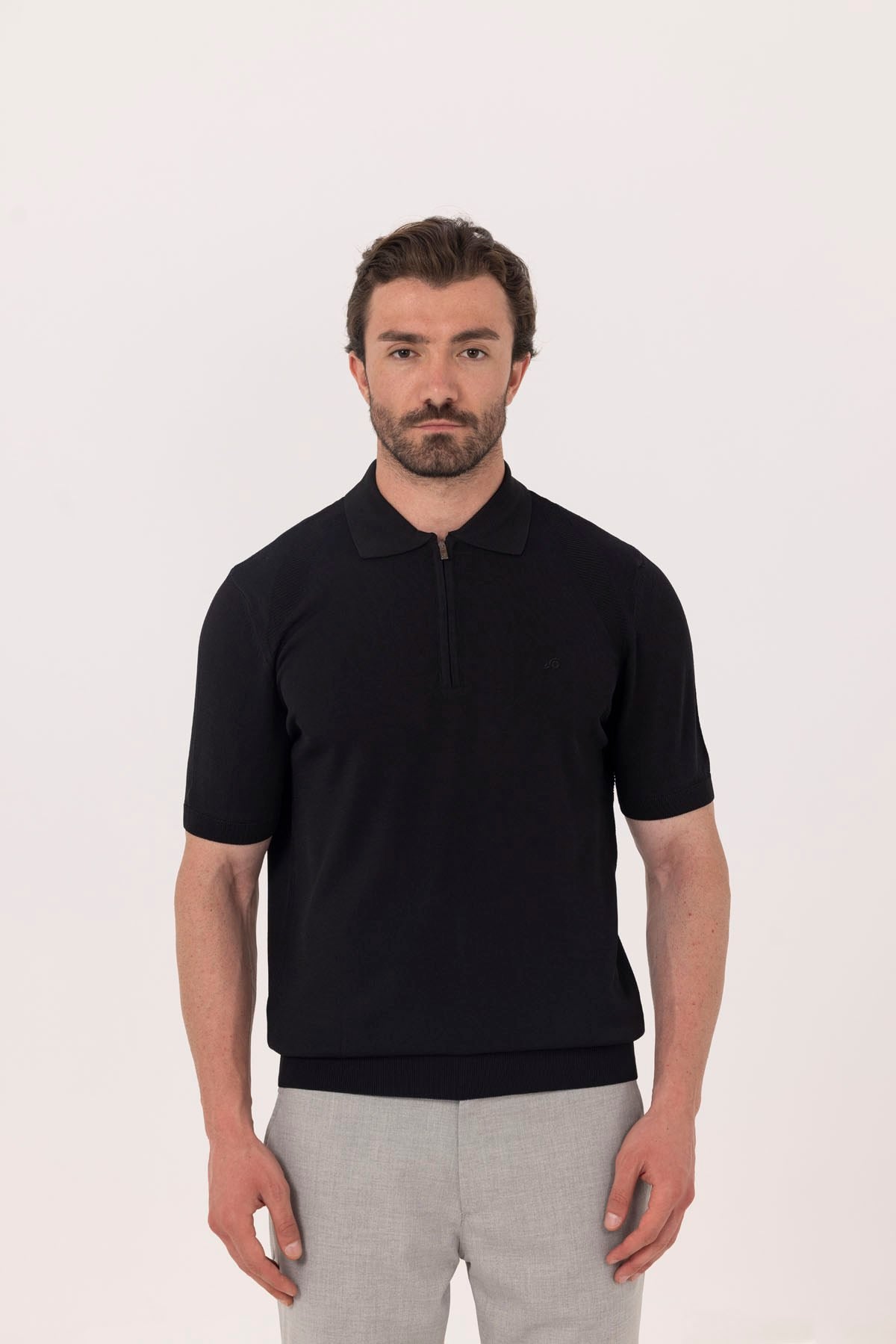 Siyah Reglan Ayaksız Triko Polo Yaka Fermuarlı T-Shırt