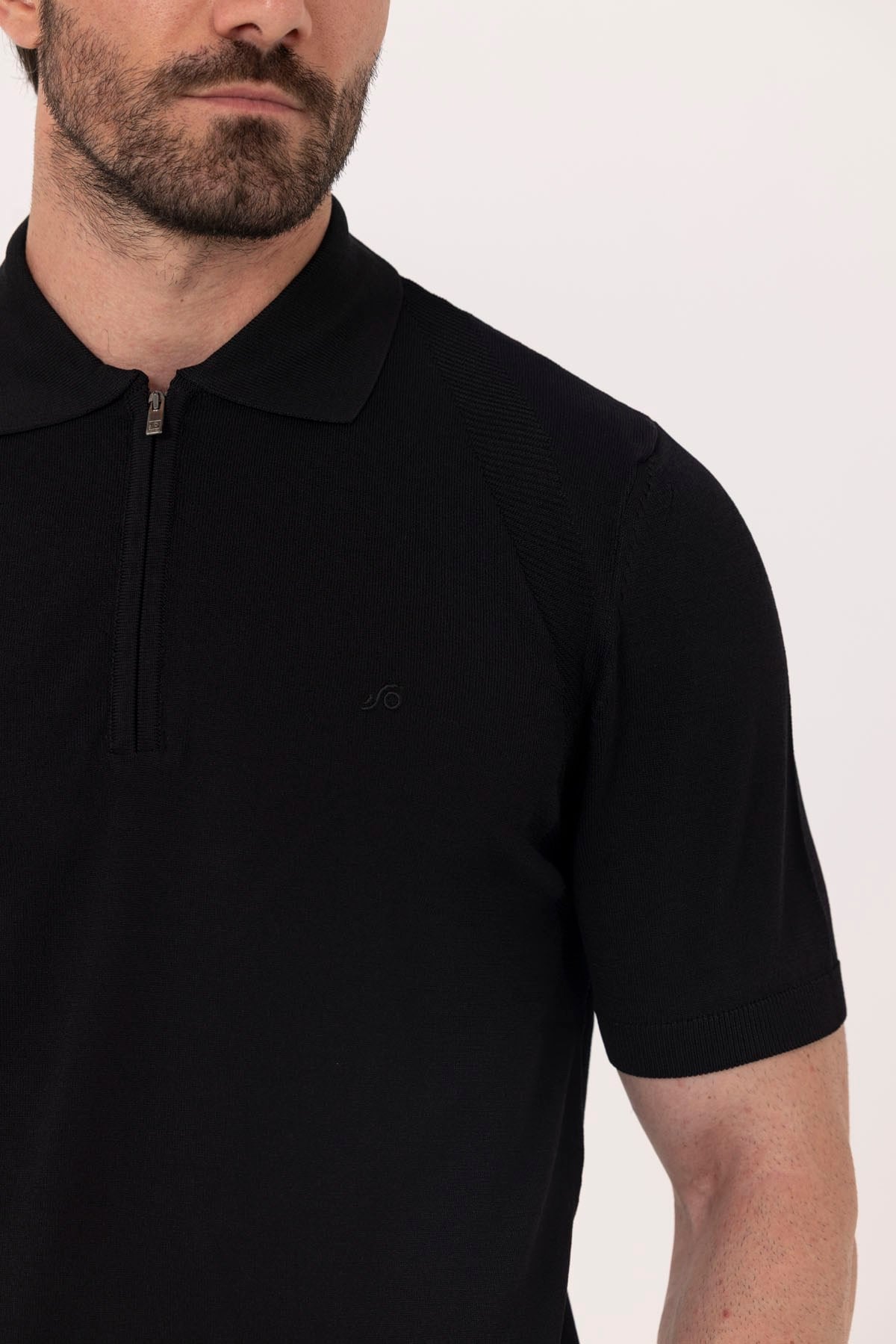 Siyah Reglan Ayaksız Triko Polo Yaka Fermuarlı T-Shırt