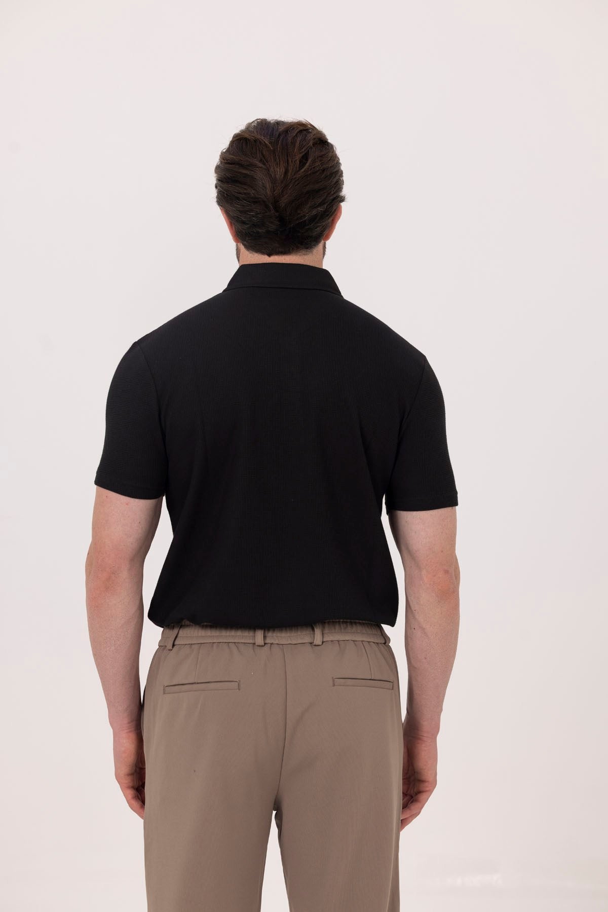 Siyah Piti Kare Desenli Pamuklu Polo Yaka T-Shirt
