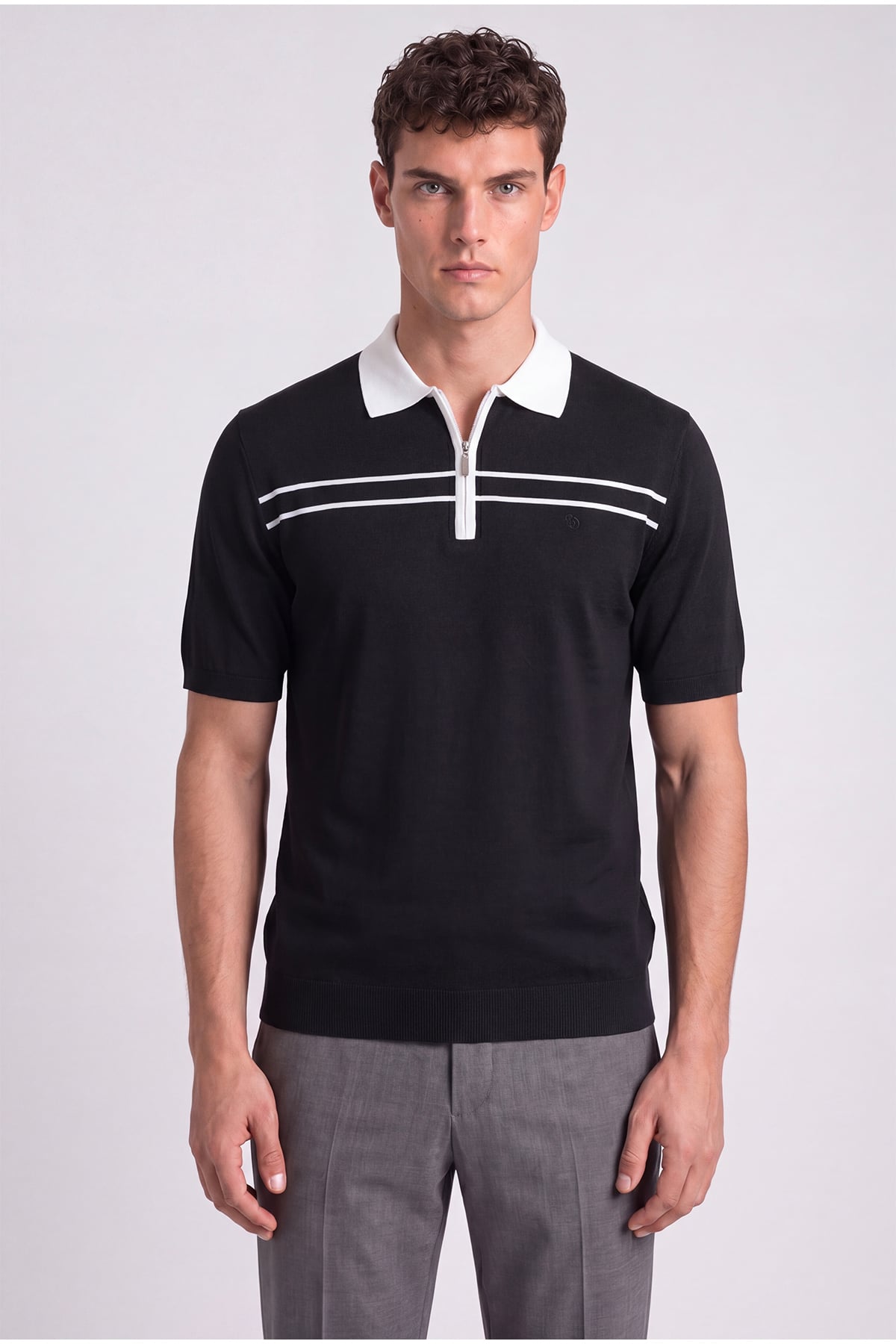 Siyah Regular Fit Polo Yaka Örme Triko T-Shirt