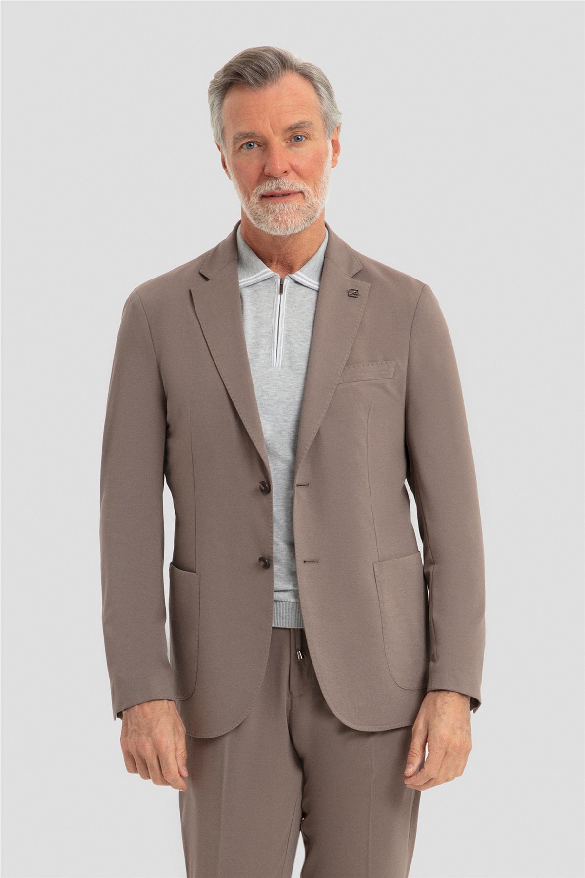Erkek Vizon Dar Kesim Slim Fit Modal Kumaş Mono Yaka Lastikli Bel Astarsız 6 Drop Takım Elbise