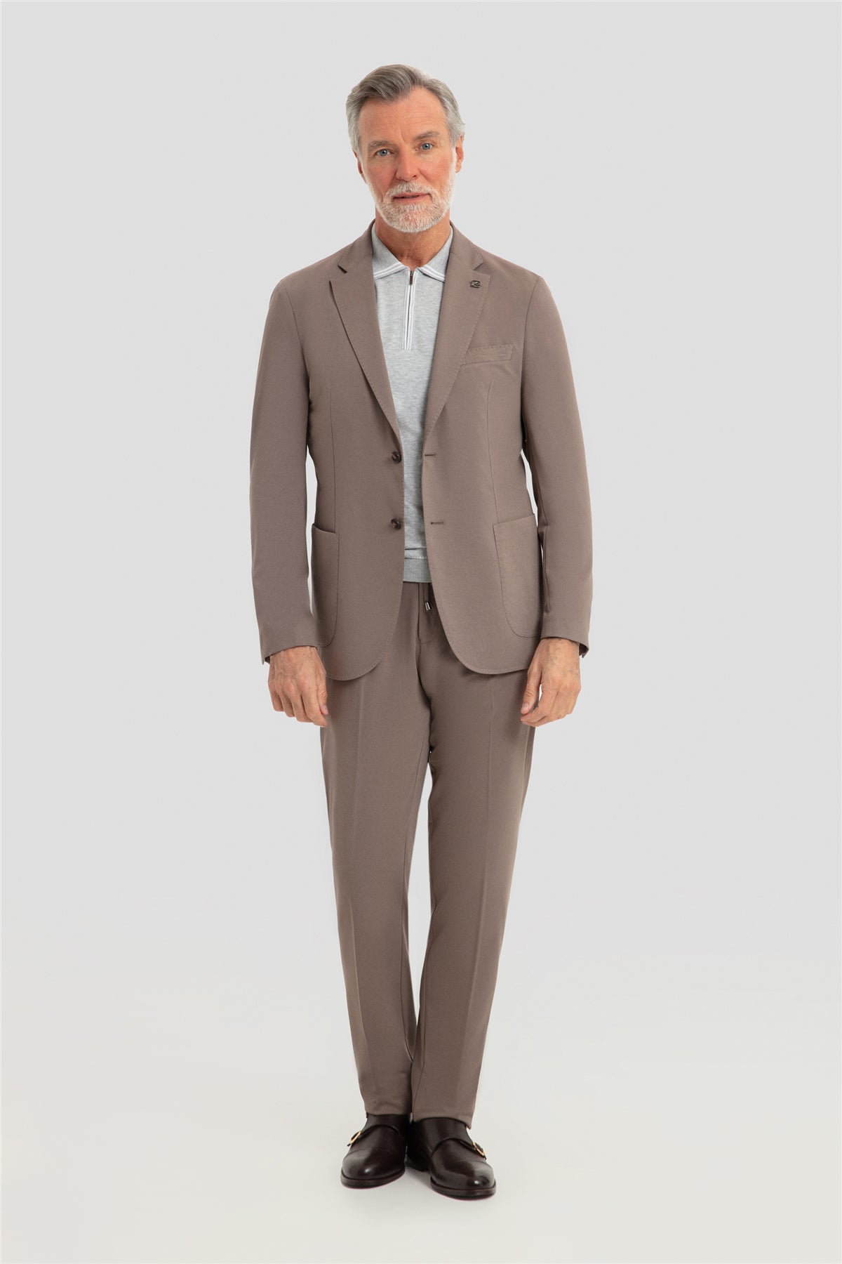 Erkek Vizon Dar Kesim Slim Fit Modal Kumaş Mono Yaka Lastikli Bel Astarsız 6 Drop Takım Elbise