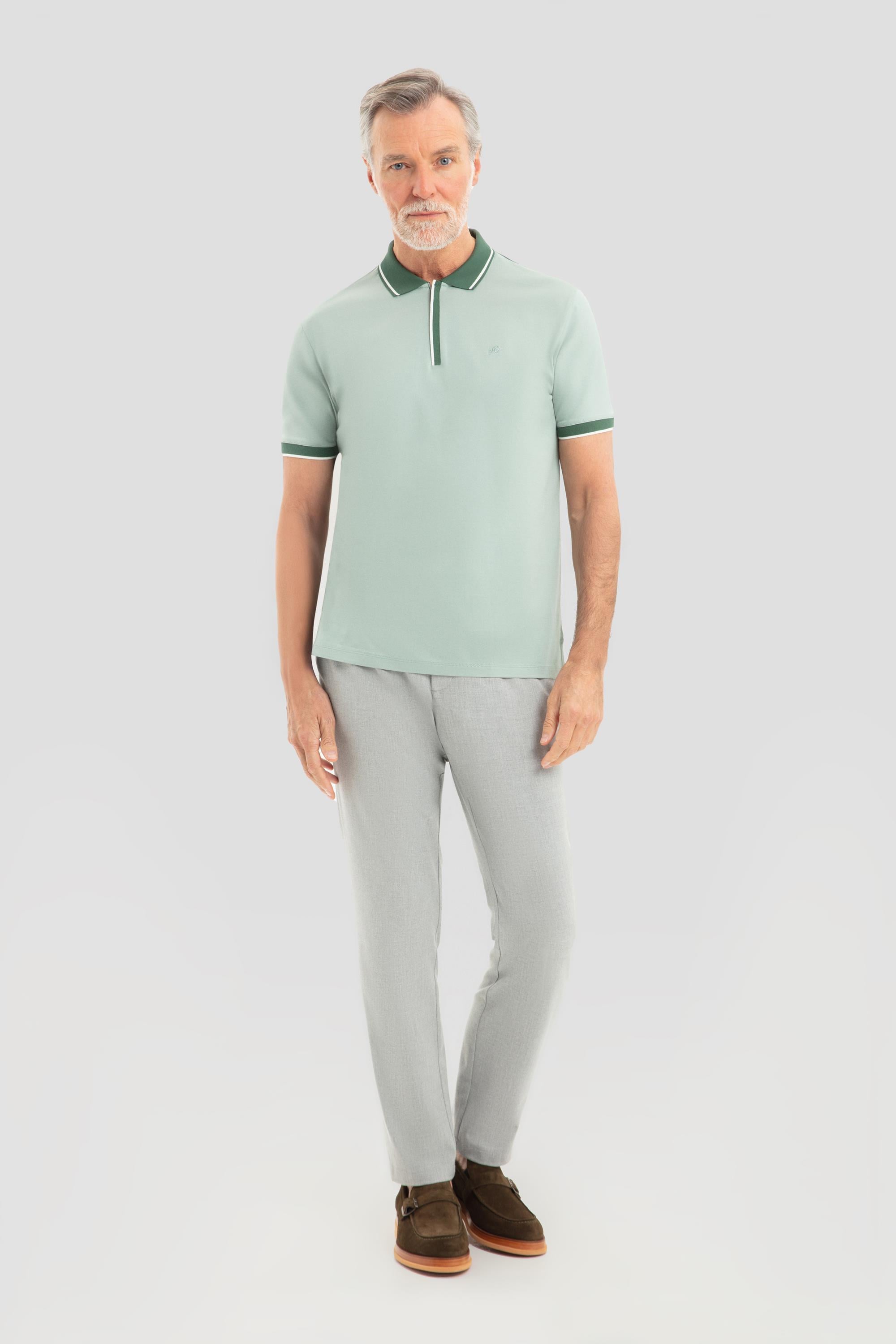 Fermuarlı Polo Yaka  Erkek T-Shirt Açık Yeşil