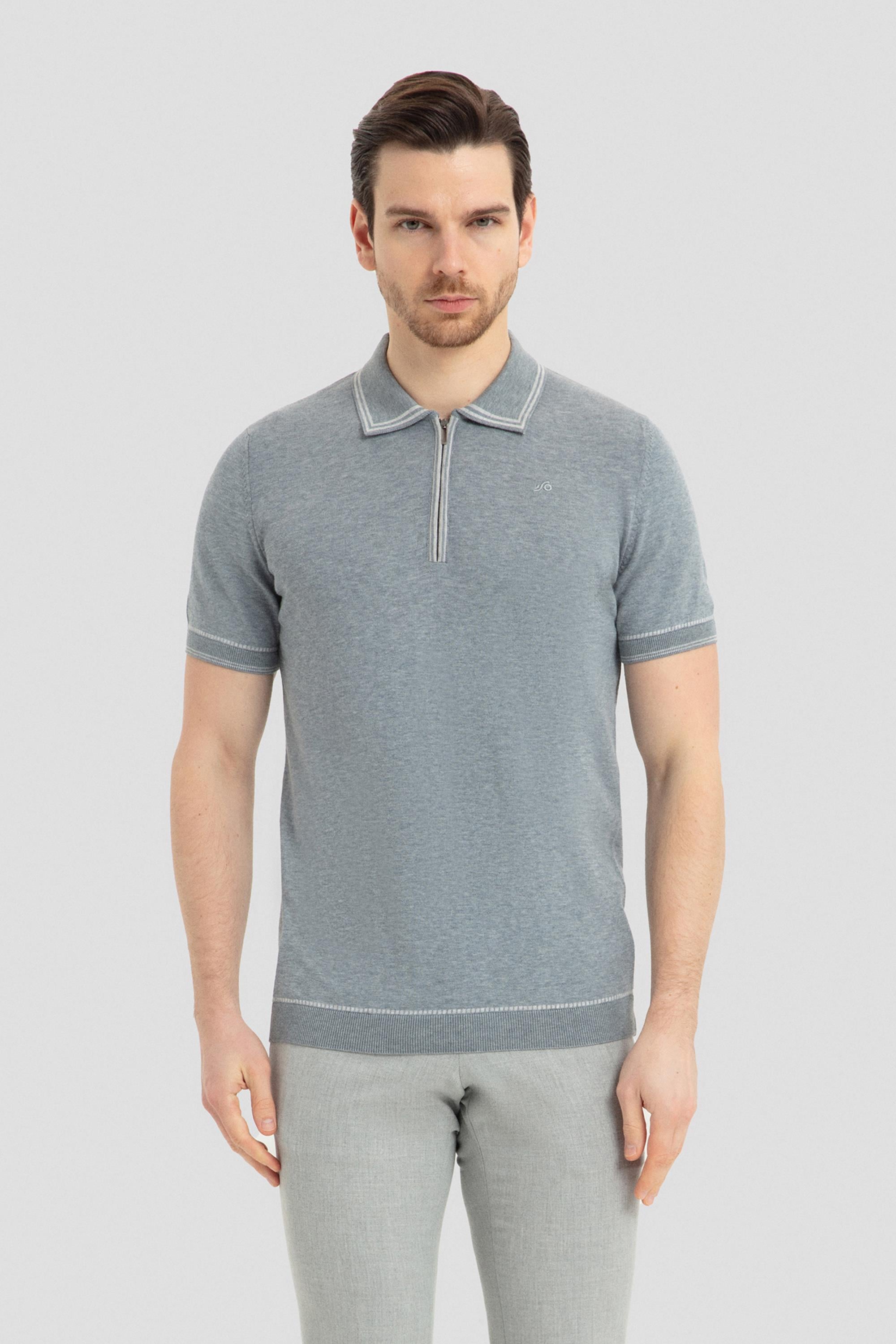 Çelik %100 Pamuk Fermuarlı Polo Yaka Triko T-Shirt