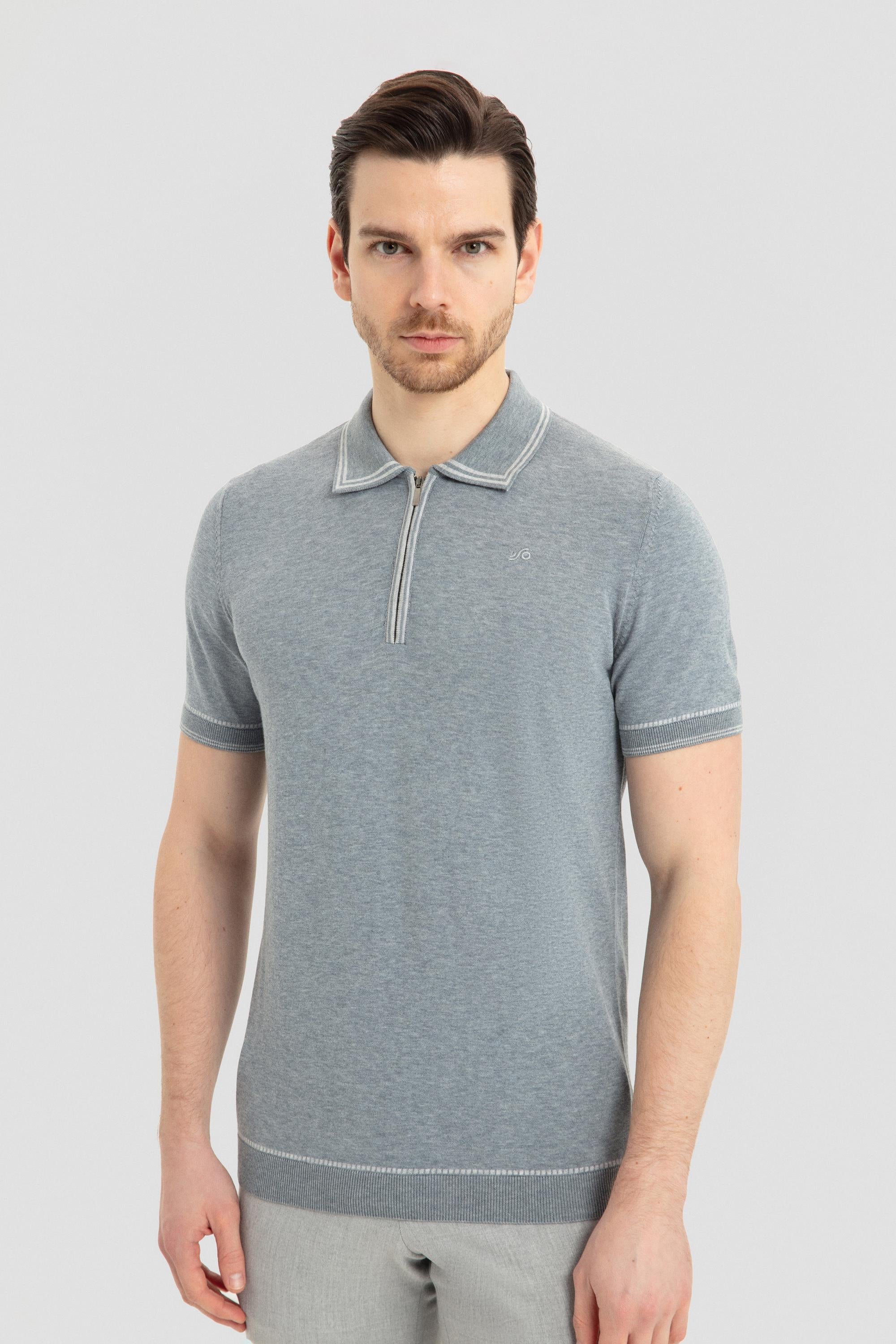 Fermuarlı Polo Yaka Triko T-Shirt Çelik