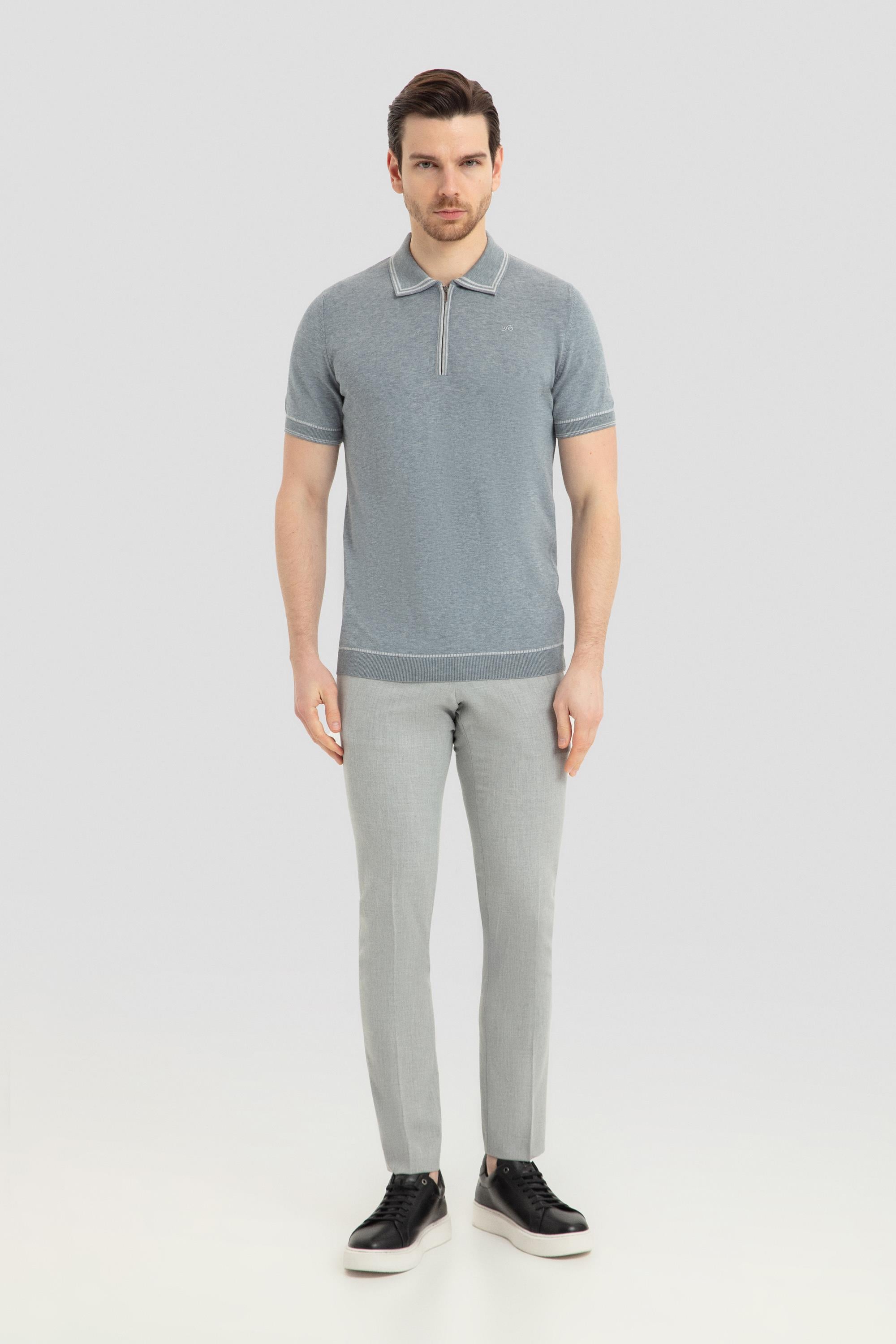 Fermuarlı Polo Yaka Triko T-Shirt Çelik