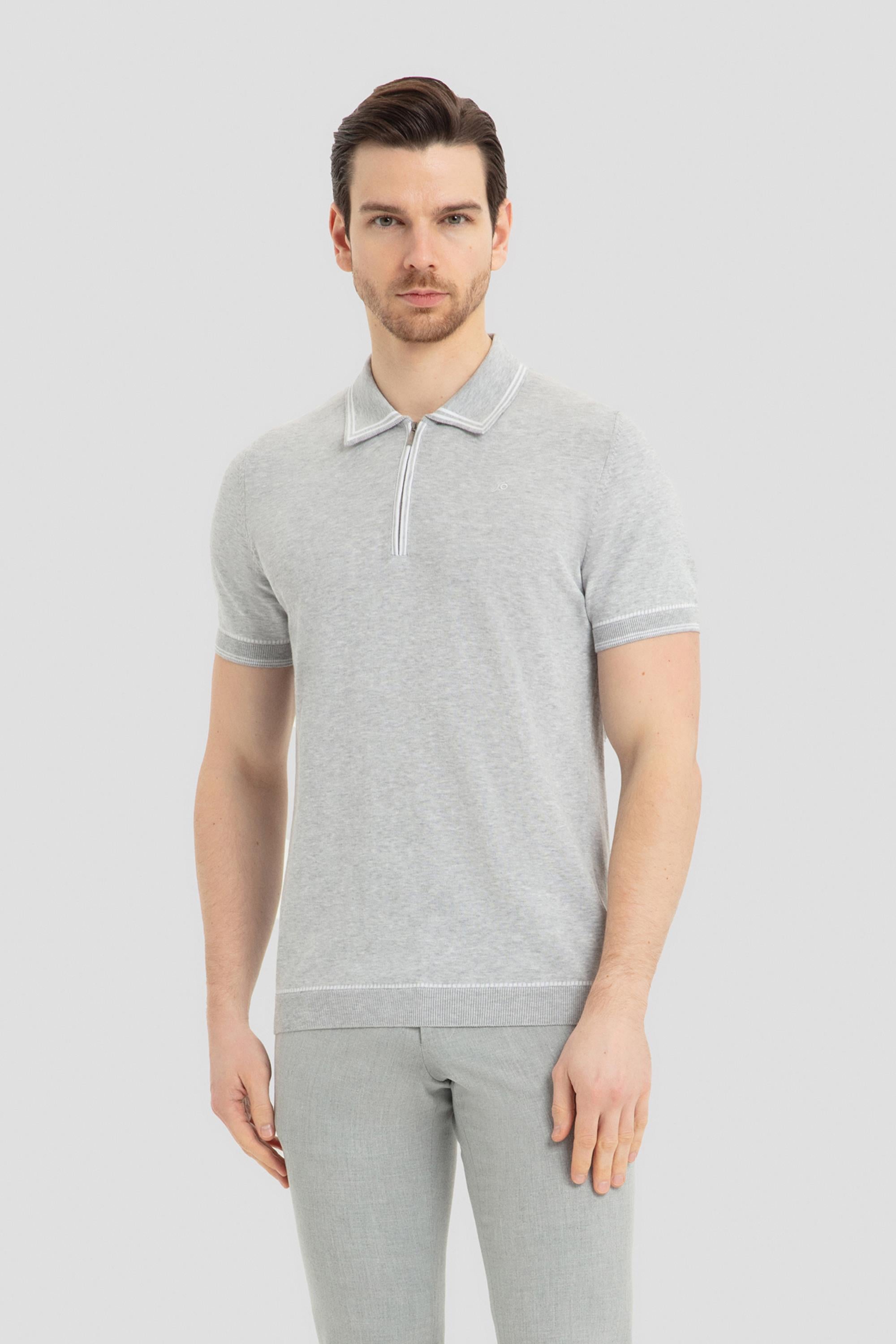 Fermuarlı Polo Yaka Triko T-Shirt Taş