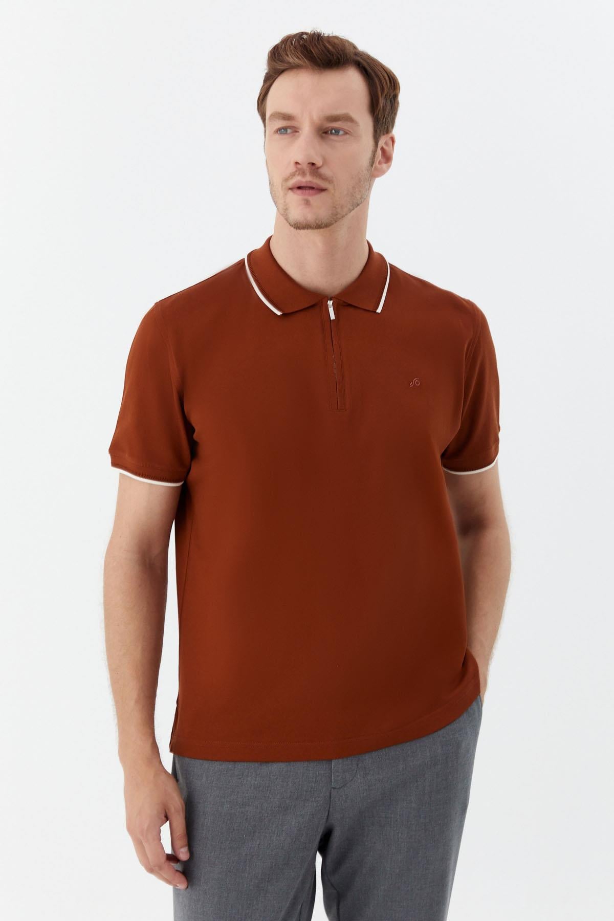 Kahve Regular Fit %100 Pamuk Fermuarlı Polo Yaka T-Shirt