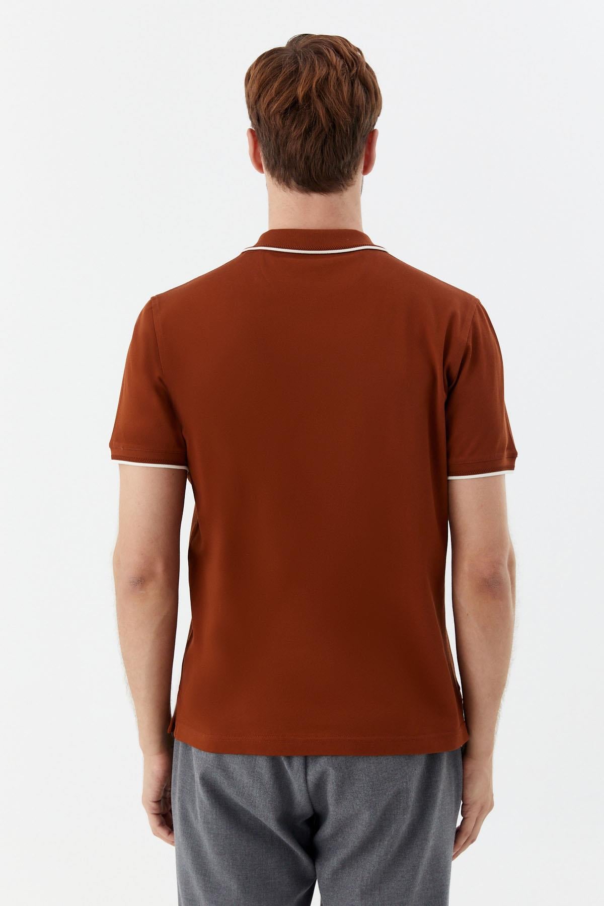 Kahve Regular Fit %100 Pamuk Fermuarlı Polo Yaka T-Shirt