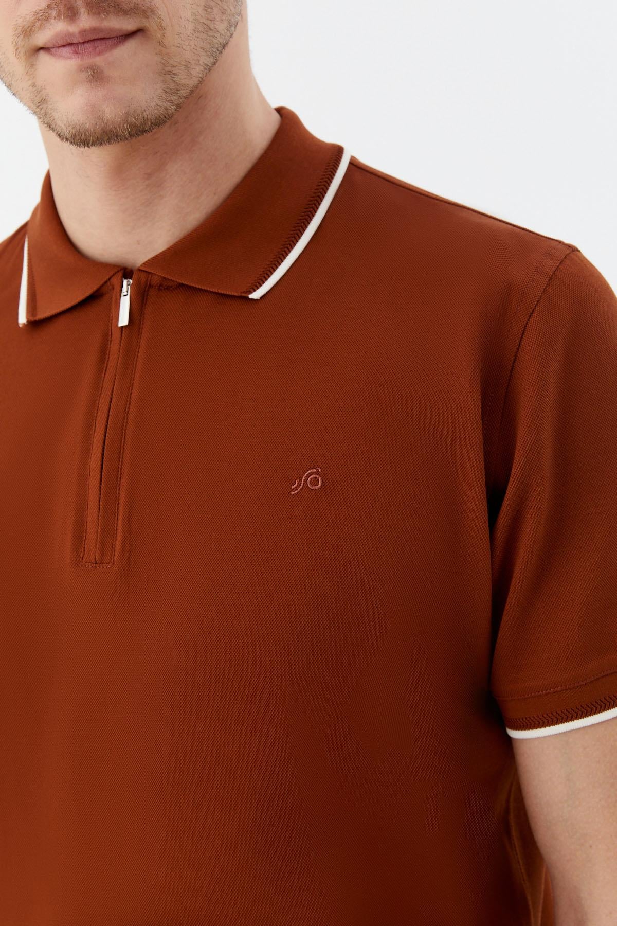 Kahve Regular Fit %100 Pamuk Fermuarlı Polo Yaka T-Shirt