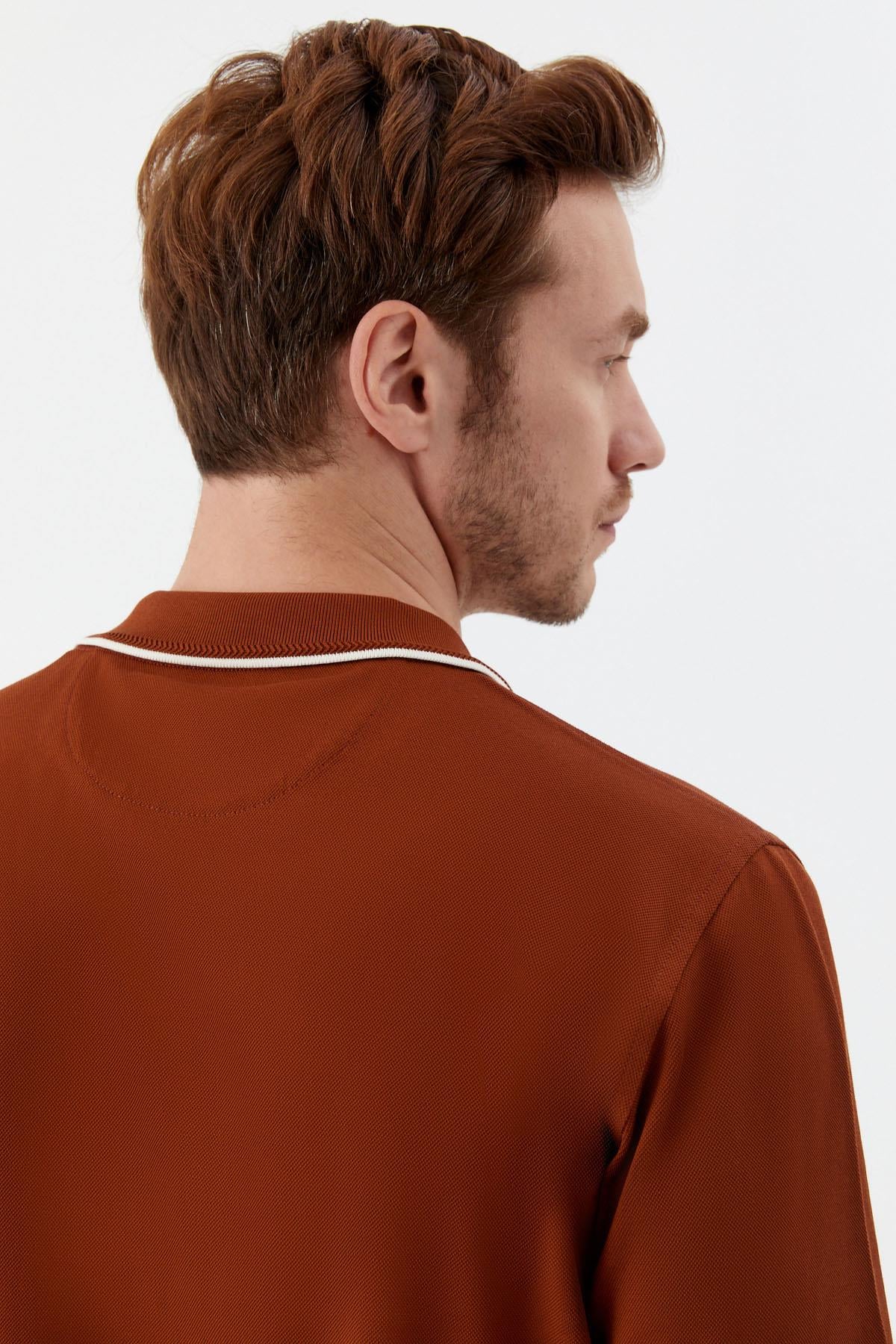 Kahve Regular Fit %100 Pamuk Fermuarlı Polo Yaka T-Shirt