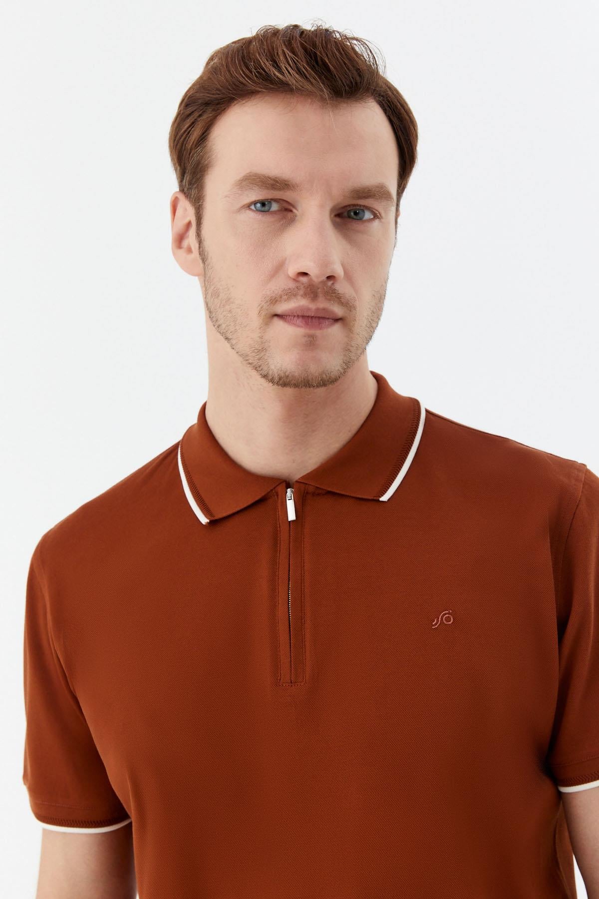 Kahve Regular Fit %100 Pamuk Fermuarlı Polo Yaka T-Shirt