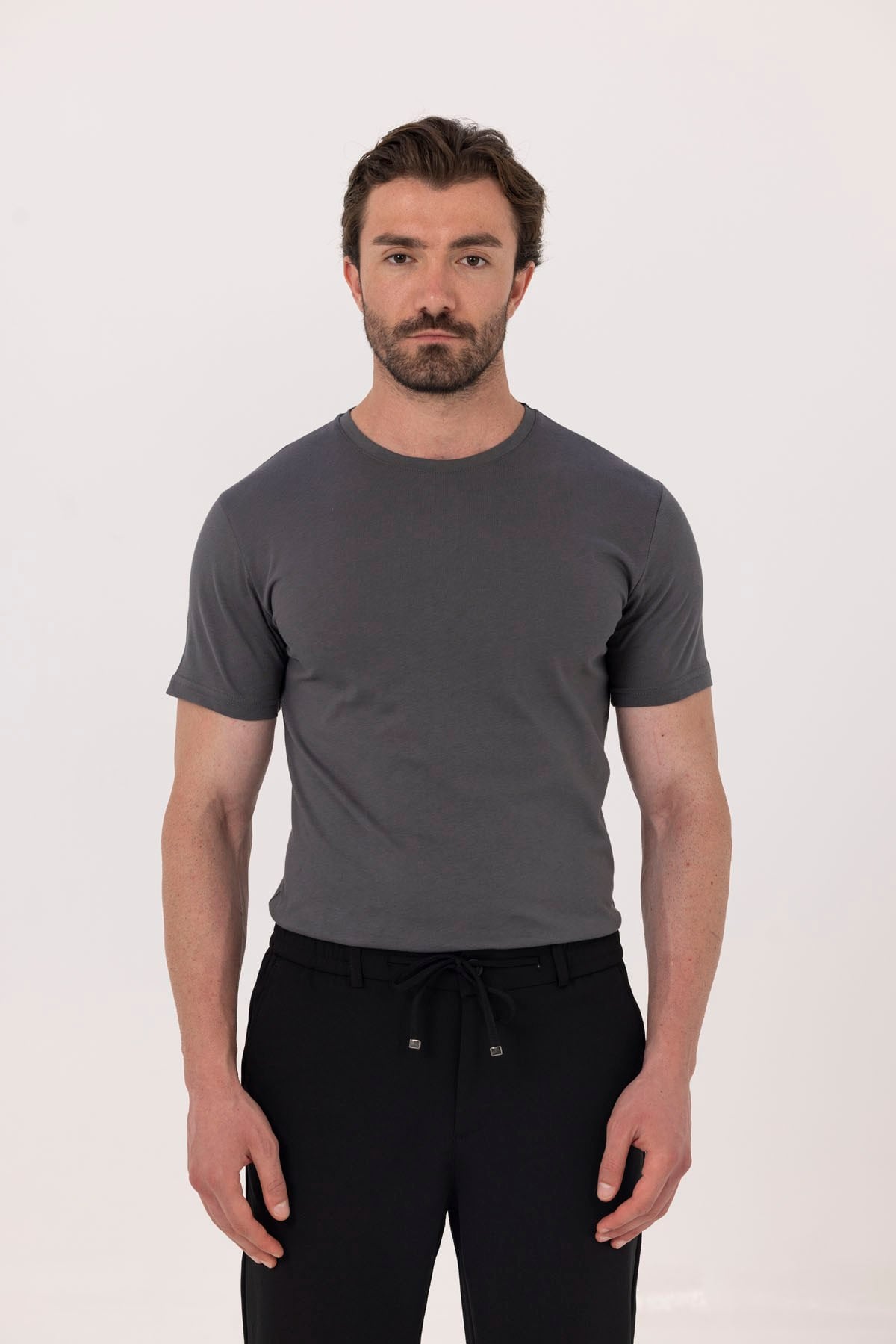 Füme %100 Pamuk Bisiklet Yaka Düz Renk Basic T-Shirt