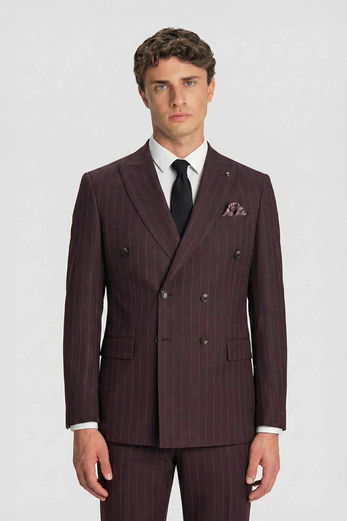 Giotelli Erkek Bordo Dar Kesim Slim Fit Viskon Sivri Yaka Çizgili Kruvaze Fleto Kapaklı Cep Çift Yırtmaçlı Tam Astarlı 6 Drop Takım Elbise