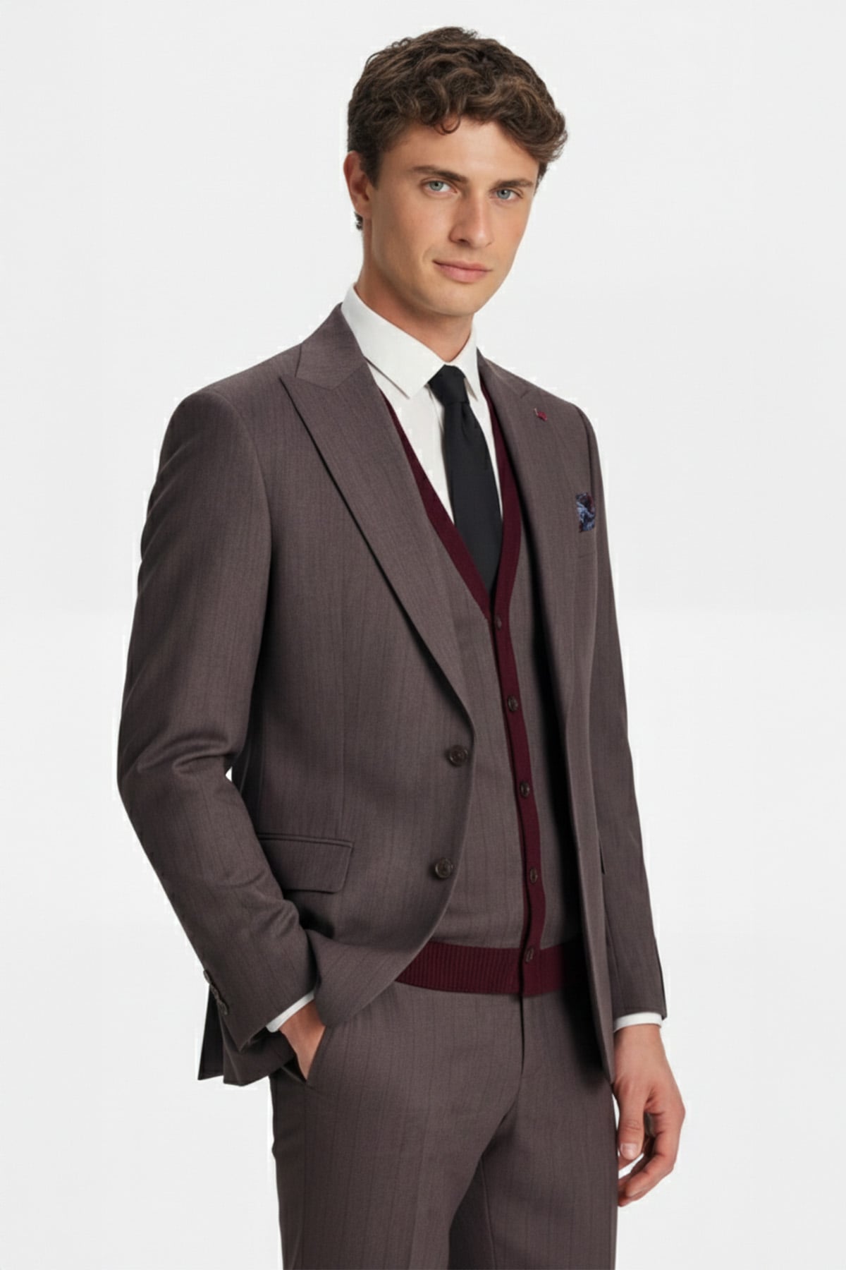 Giotelli Erkek Bordo Dar Kesim Slim Fit Viskon Dokuma Normal Bel 6 Drop Triko Yelekli Takım Elbise