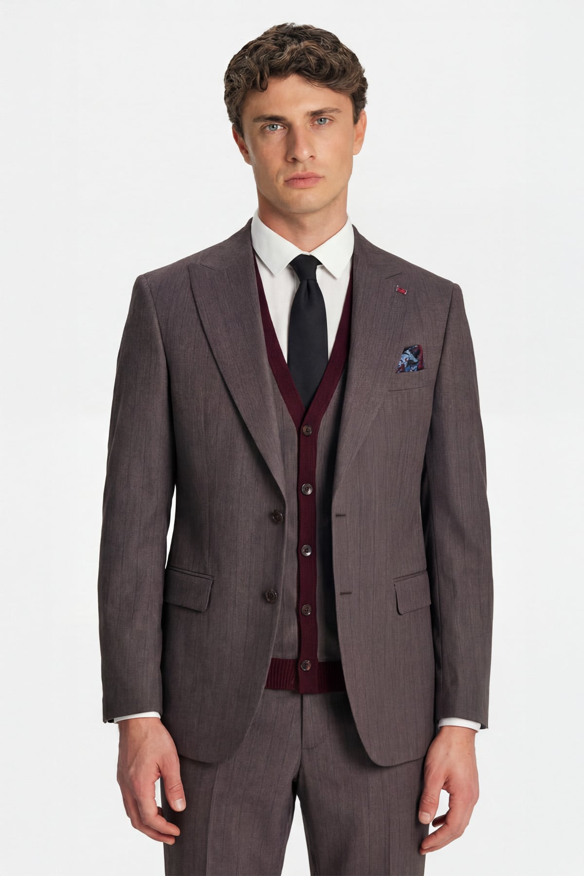 Giotelli Erkek Bordo Dar Kesim Slim Fit Viskon Dokuma Normal Bel 6 Drop Triko Yelekli Takım Elbise