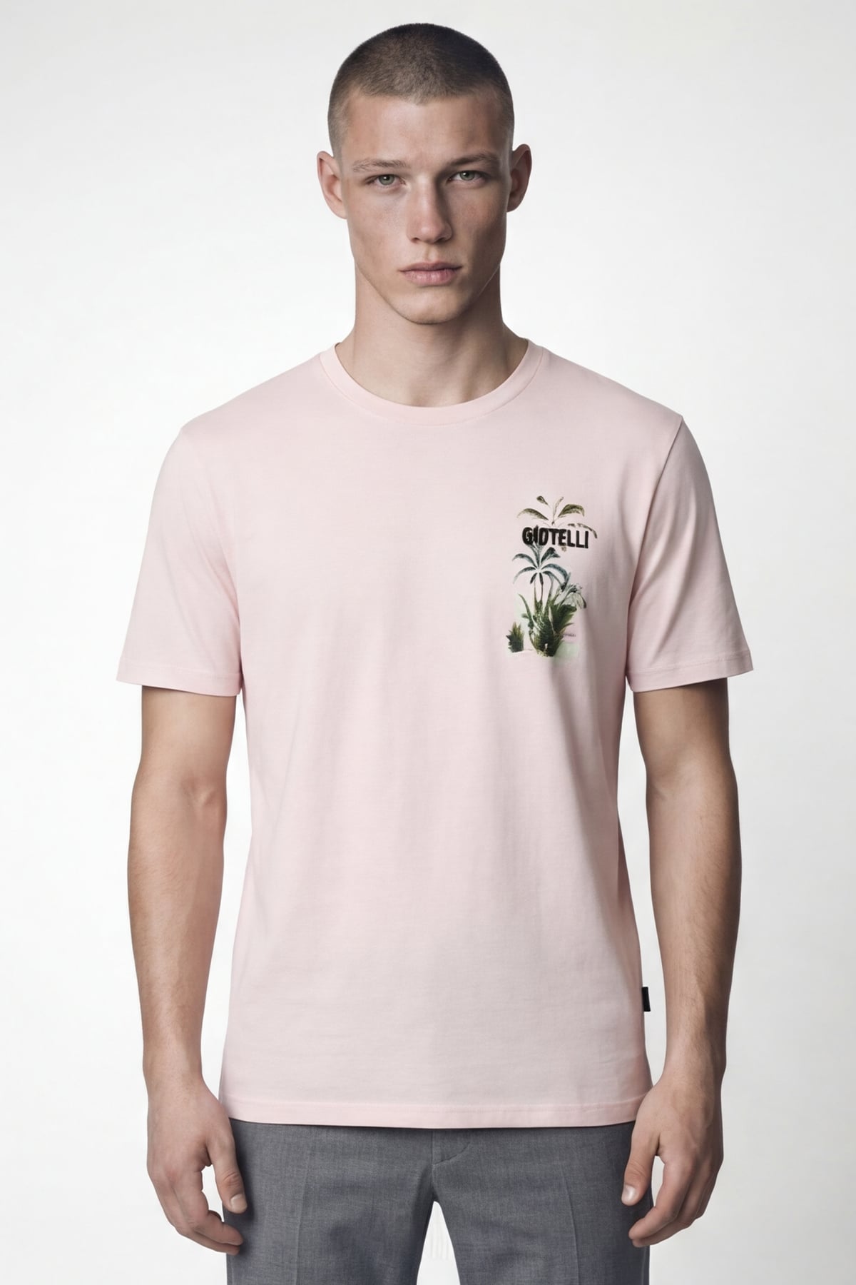 Giotelli Erkek Açık Pembe Normal Kesim Regular Fit %100 Pamuk Baskılı Bisiklet Yaka Erkek Tişört