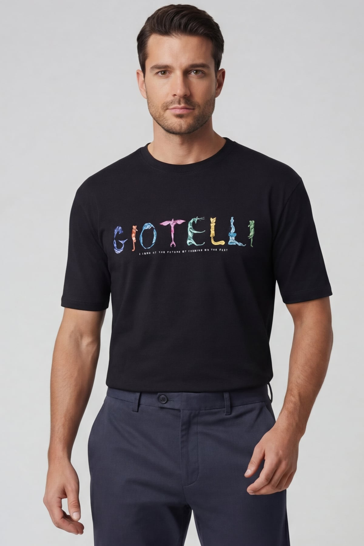 Giotelli Erkek Siyah Geniş Kesim Oversize Fit %100 Pamuk Baskılı Bisiklet Yaka Tişört