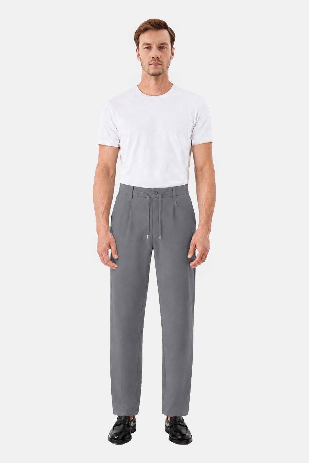 Gri Slim Fit Bel Bağcıklı Paraşüt Pantolon