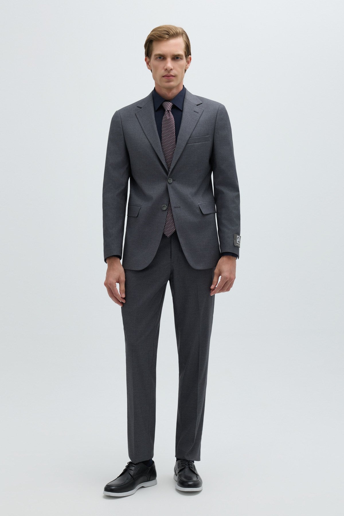 Gri Slim Fit Düz Paça 6 Drop Mono Yaka Klasik Takım Elbise