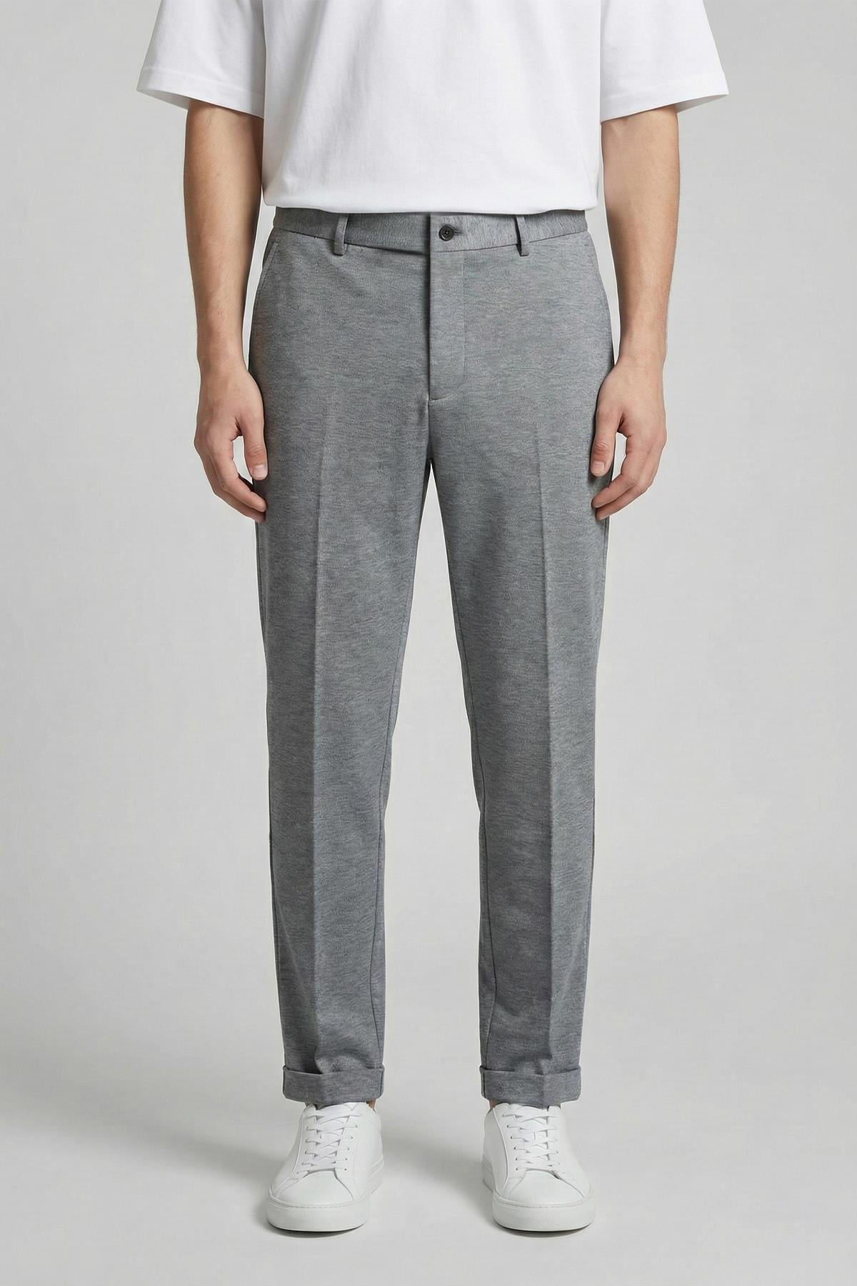 Giotelli Erkek Gri Dar Kesim Slim Fit Viskon Kemerli Bel Duble Paça 6 Drop Pantolon
