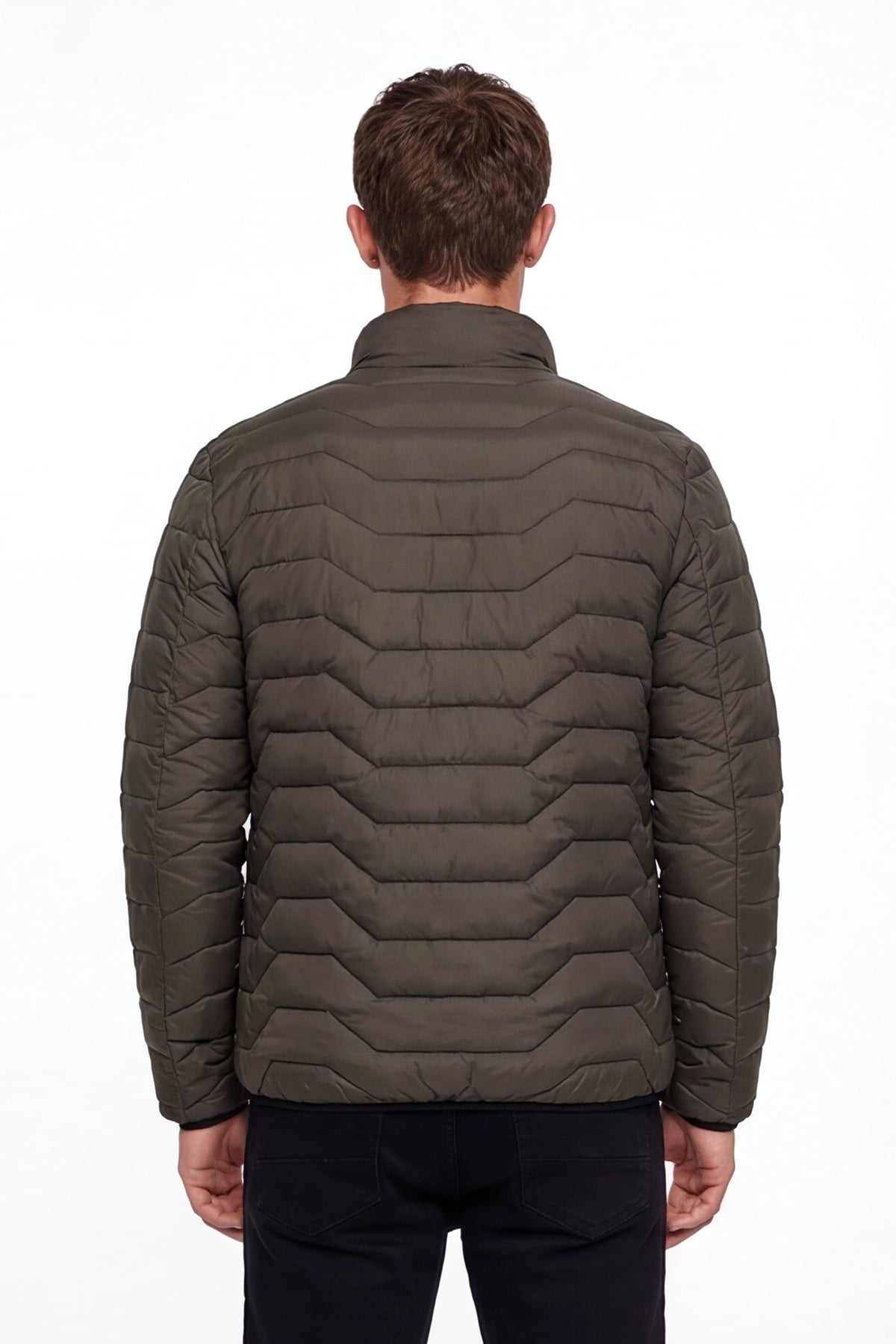 Erkek Haki Dar Kesim Slim Fit Dik Yaka Fermuarlı Mont