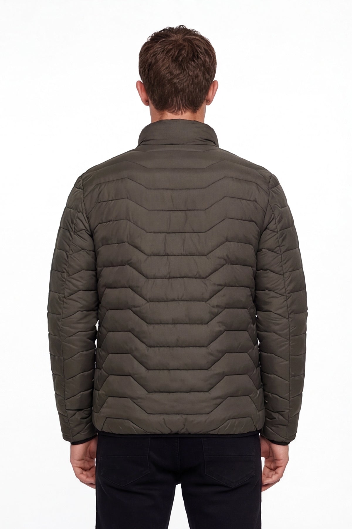 Haki Slim Fit Fermuarlı Dik Yaka Kapüşonsuz Mont