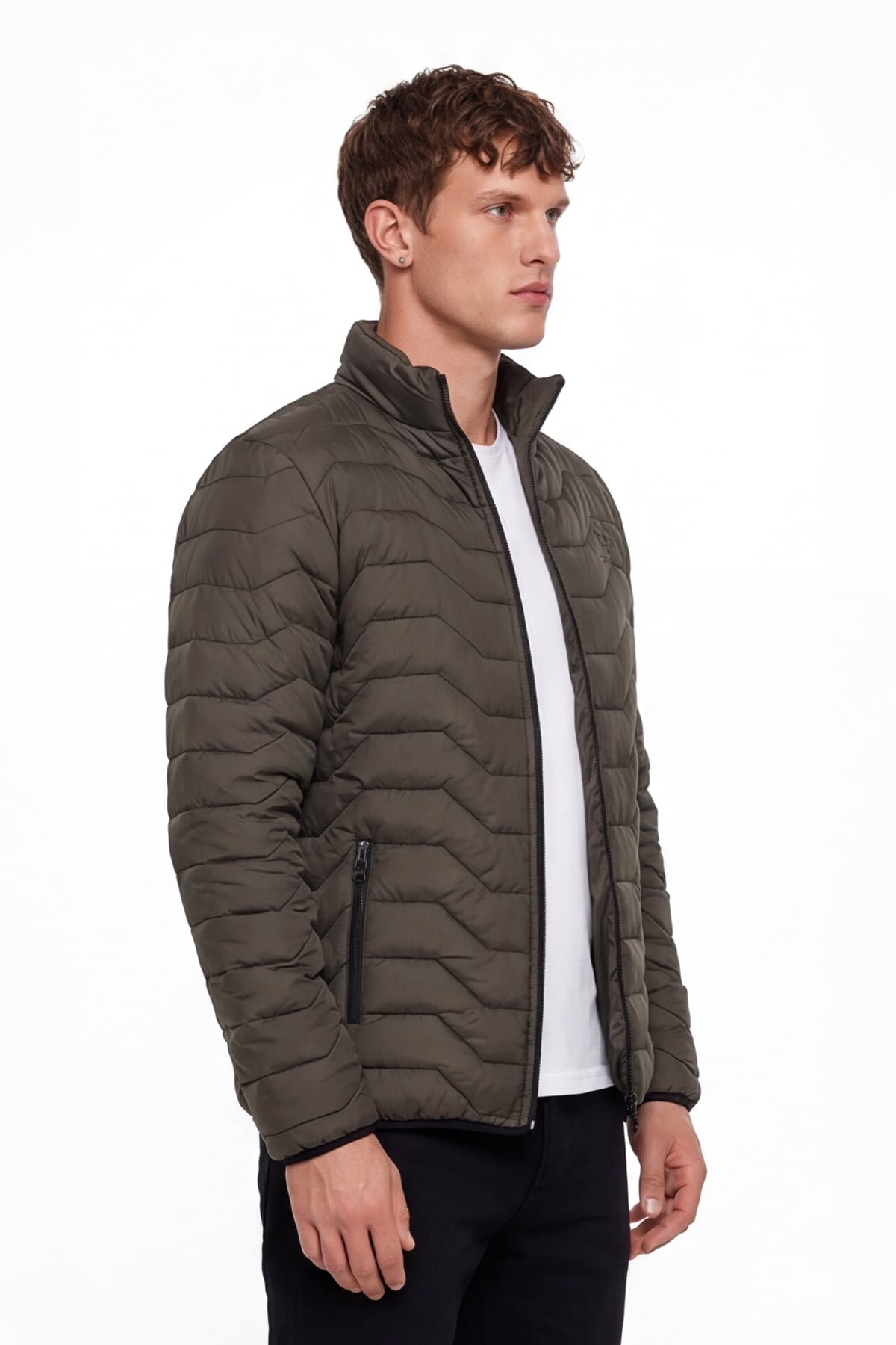 Erkek Haki Dar Kesim Slim Fit Dik Yaka Fermuarlı Mont