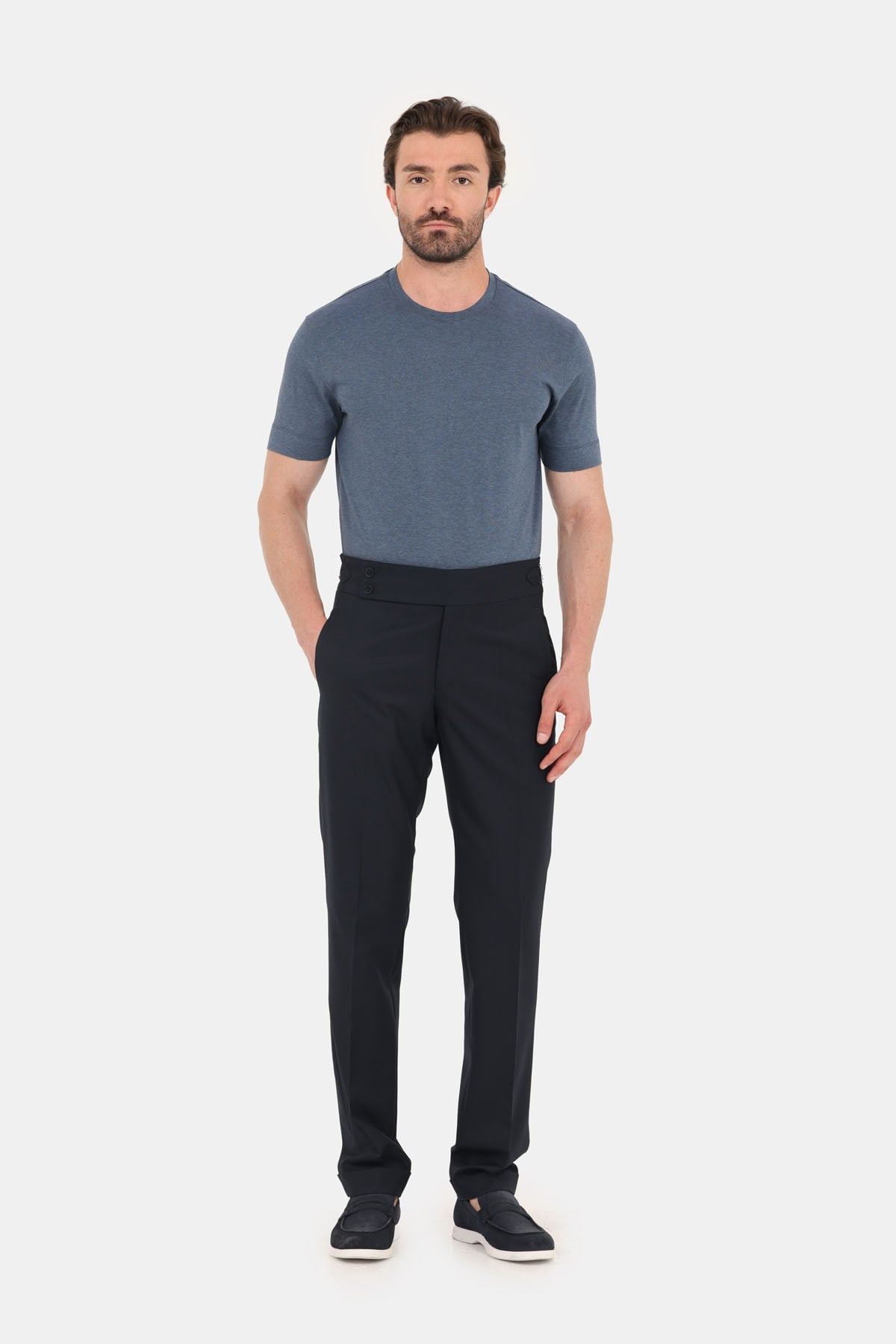 İndigo Melanj %100 Pamuk Regular Fit Bisiklet Yaka Basic T-Shirt