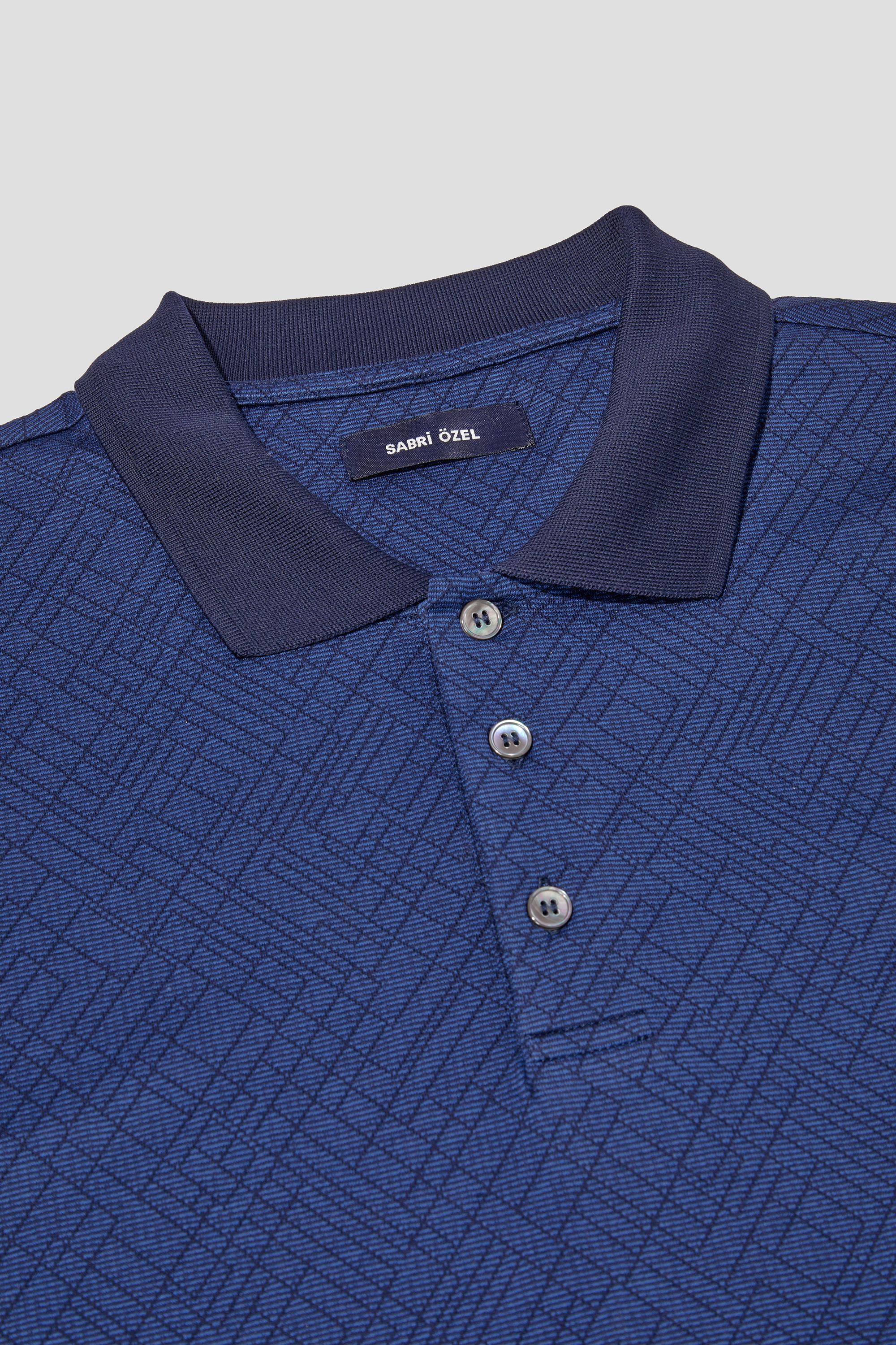 Lacivert %100 Yün Regular Fit Jakar Desenli Polo Yaka T-Shirt