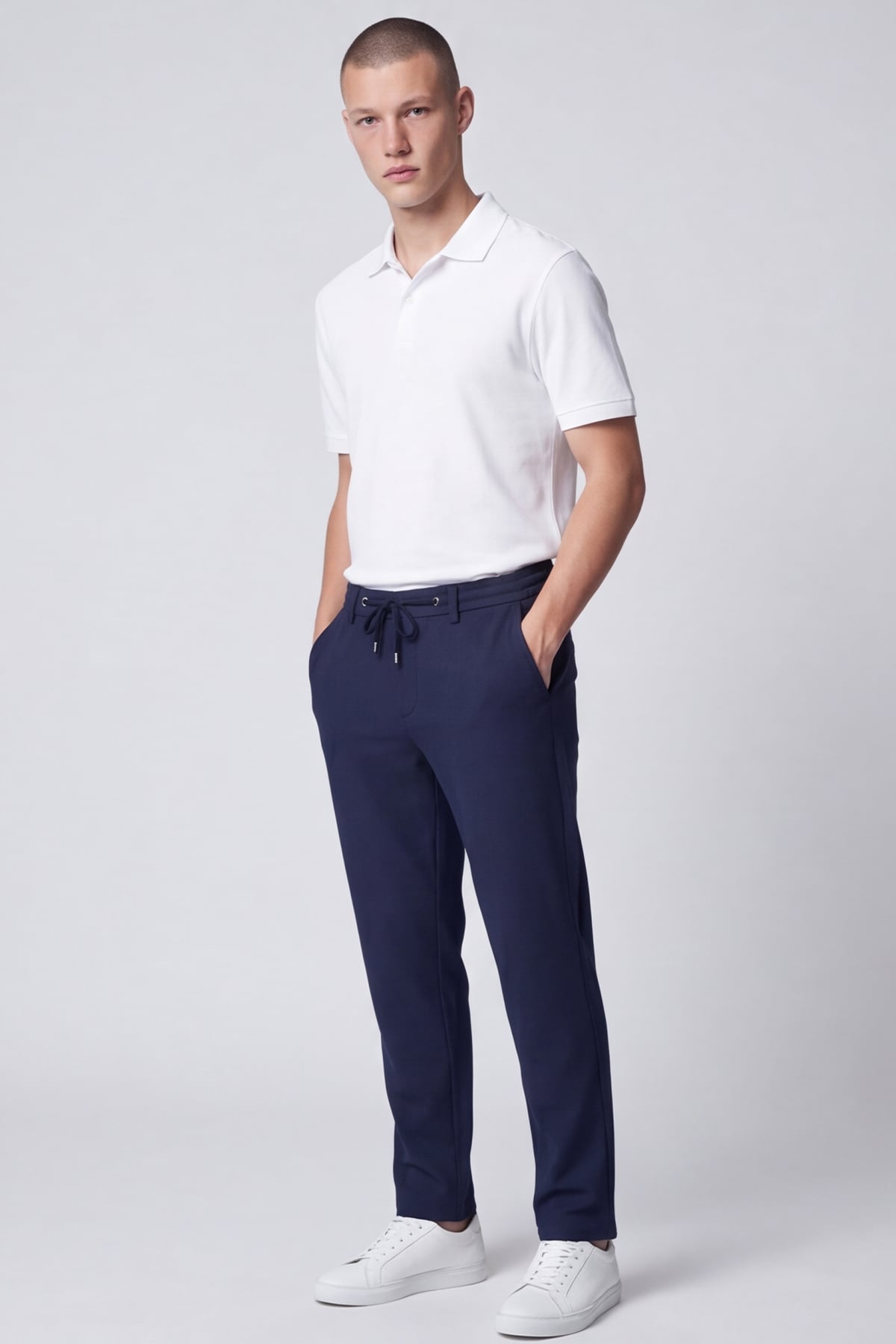 Erkek Lacivert Normal Kesim Regular Fit Viskon Örme Yan Cep Lastikli Bel Klasik Paça Jogger Pantolon