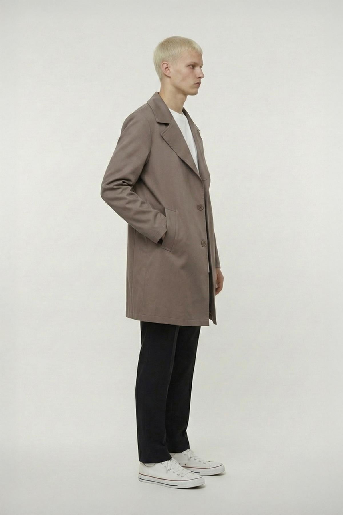 Erkek Kahve Geniş Kesim Oversize Fit Pamuklu Dokuma Yan Cepli Orta Boy Ceket Yaka Trençkot