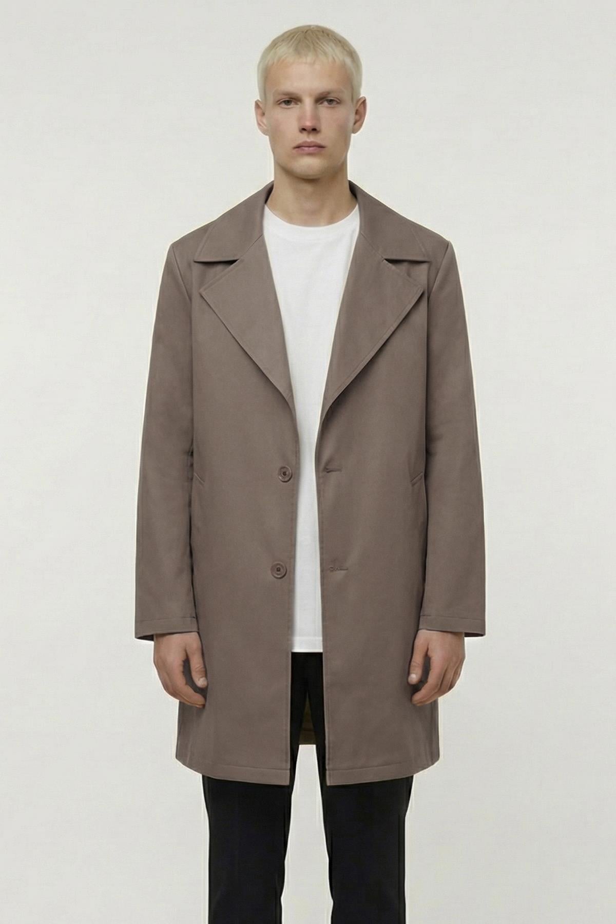 Erkek Kahve Geniş Kesim Oversize Fit Pamuklu Dokuma Yan Cepli Orta Boy Ceket Yaka Trençkot