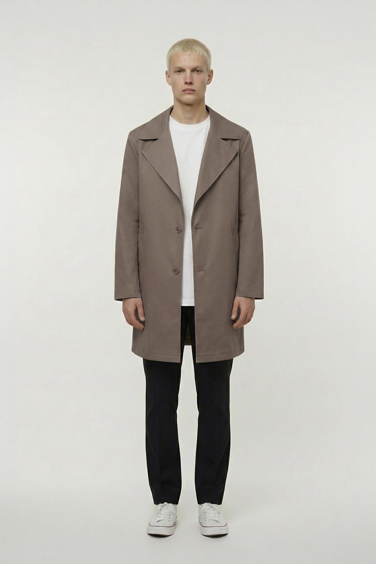 Erkek Kahve Geniş Kesim Oversize Fit Pamuklu Dokuma Yan Cepli Orta Boy Ceket Yaka Trençkot