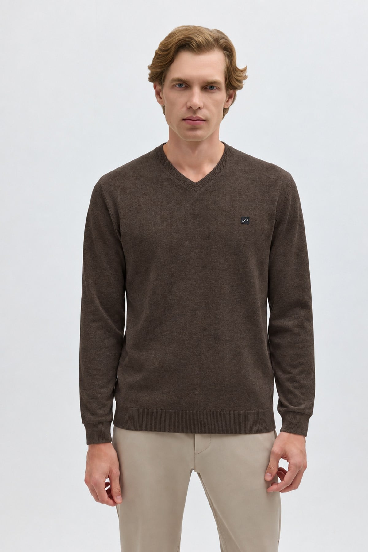 Kahve Regular Fit Pamuklu V Yaka Triko Kazak