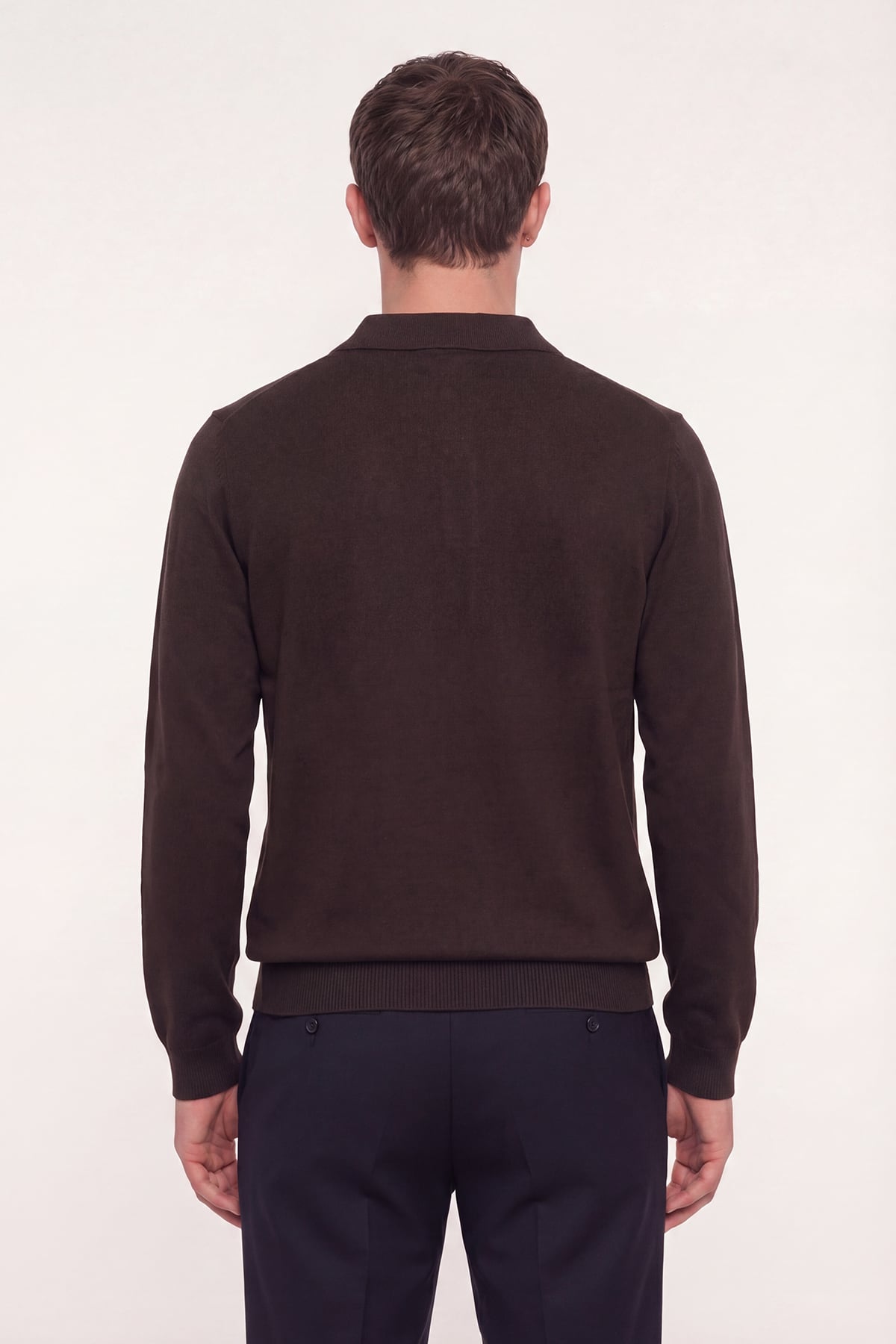 Kahve Regular Fit Pamuklu Polo Yaka Triko Kazak