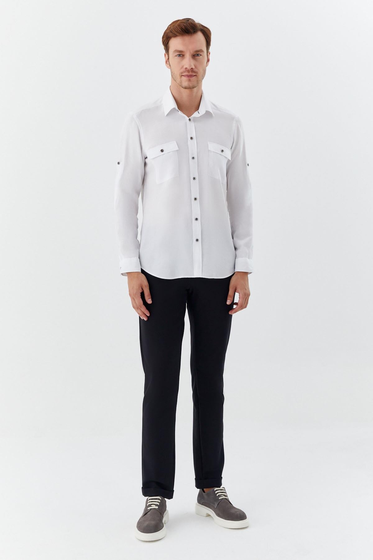 Beyaz %100 Pamuk Klasik Yaka Cepli Slim Fit Gömlek