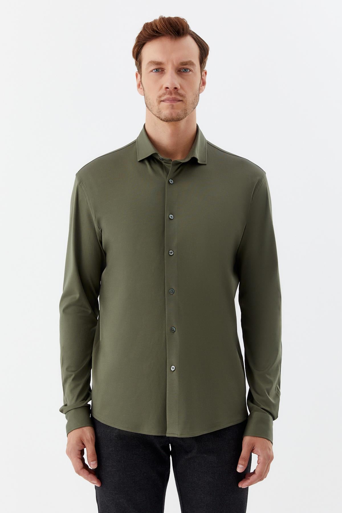 Erkek Haki Dar Kesim Slim Fit %100 Pamuk Düz Dokuma Klasik Yaka Gömlek